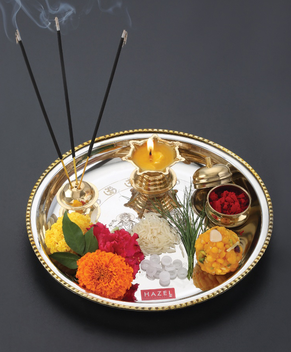 HAZEL Stainless Steel Puja Pooja Aarti Thali Set With Diva , Silver-image-48
