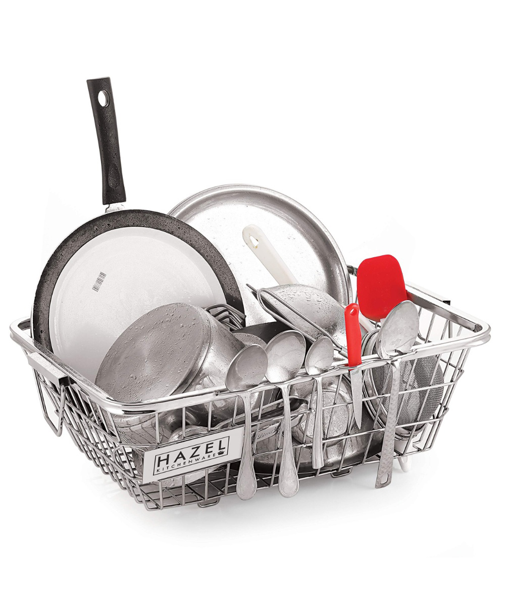 HAZEL Stainless Steel Dish Drainer Bowl Bartan Basket Utensil Drying Rack Square Large Stand for Kitchen-picture-16