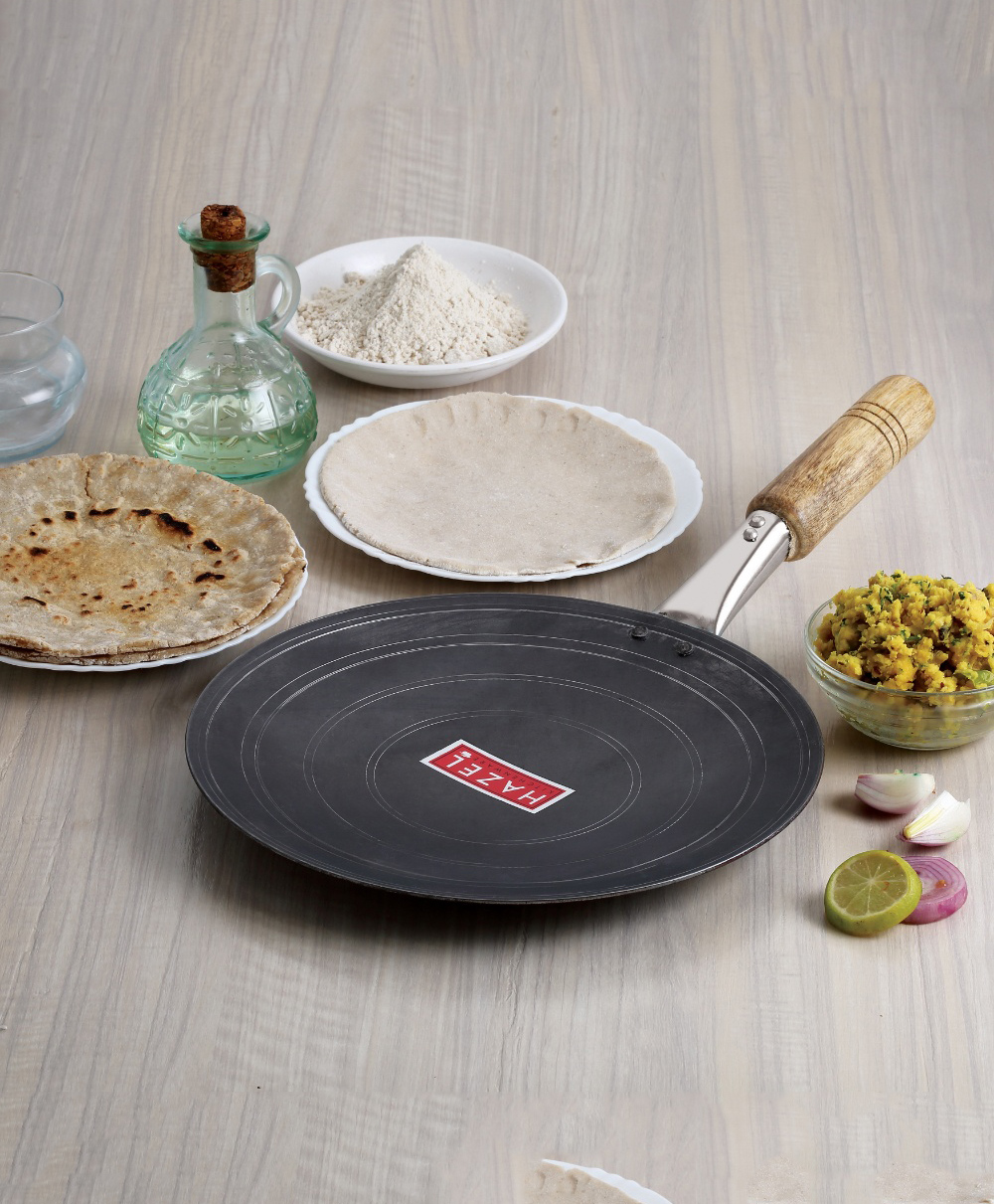 HAZEL Iron Tawa With Wooden Handle Grip Loha Lokhand Pan Concave Tava for Roti Chapathi Paratha Fulka Dosa Omelette, 27 cm-image-30