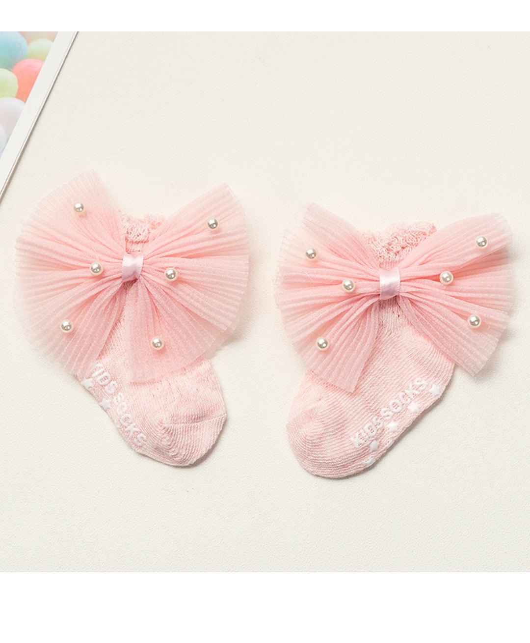 Flaunt Chic Cotton Pearl Embellished Bow Detailed Summer Ankle Socks  - Peach-image-9