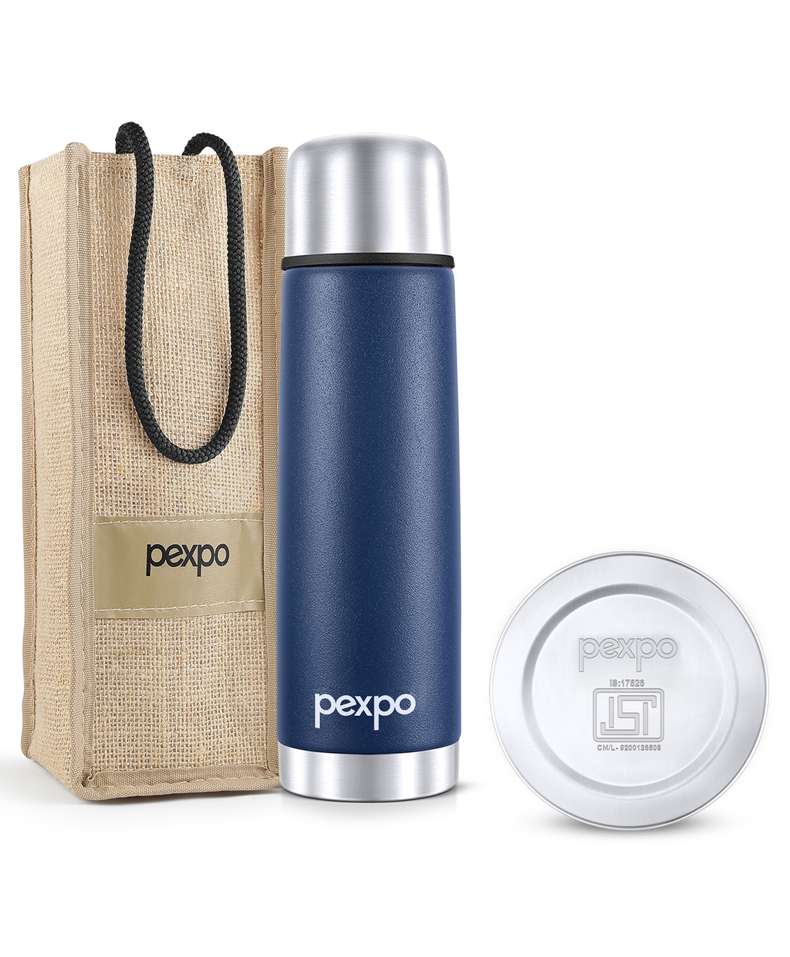 Pexpo Flamingo|ISI Certified|Vacuum Insulated Hot & Cold Stainless Steel Flask |Jute Bag|- 500ml Denim Blue |Steel Bottle|Thermoflask|Leak Proof|Travelling|School & Trekking|Office|Men, Women & Kids-image-4
