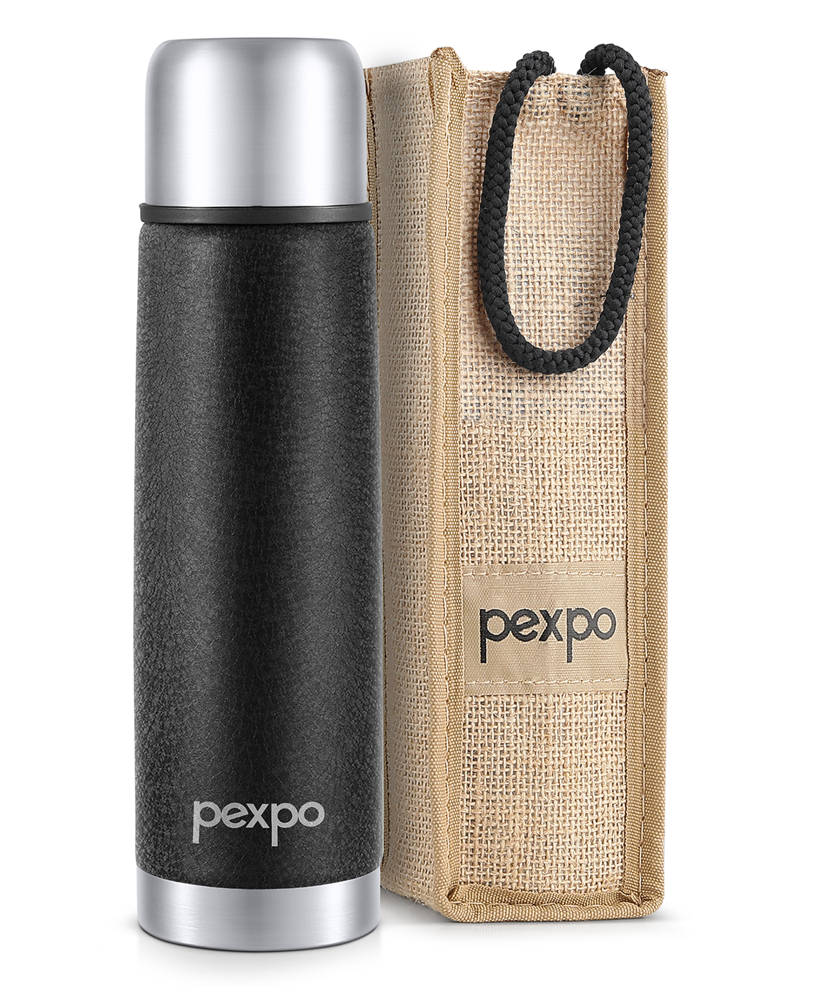 Pexpo Flamingo|ISI Certified|Vacuum Insulated Hot & Cold Stainless Steel Flask with Jute Bag- 500ml Black |Steel Bottle|Thermoflask|Leak Proof|Travelling|School & Trekking|Office|Men, Women & Kids-image-44