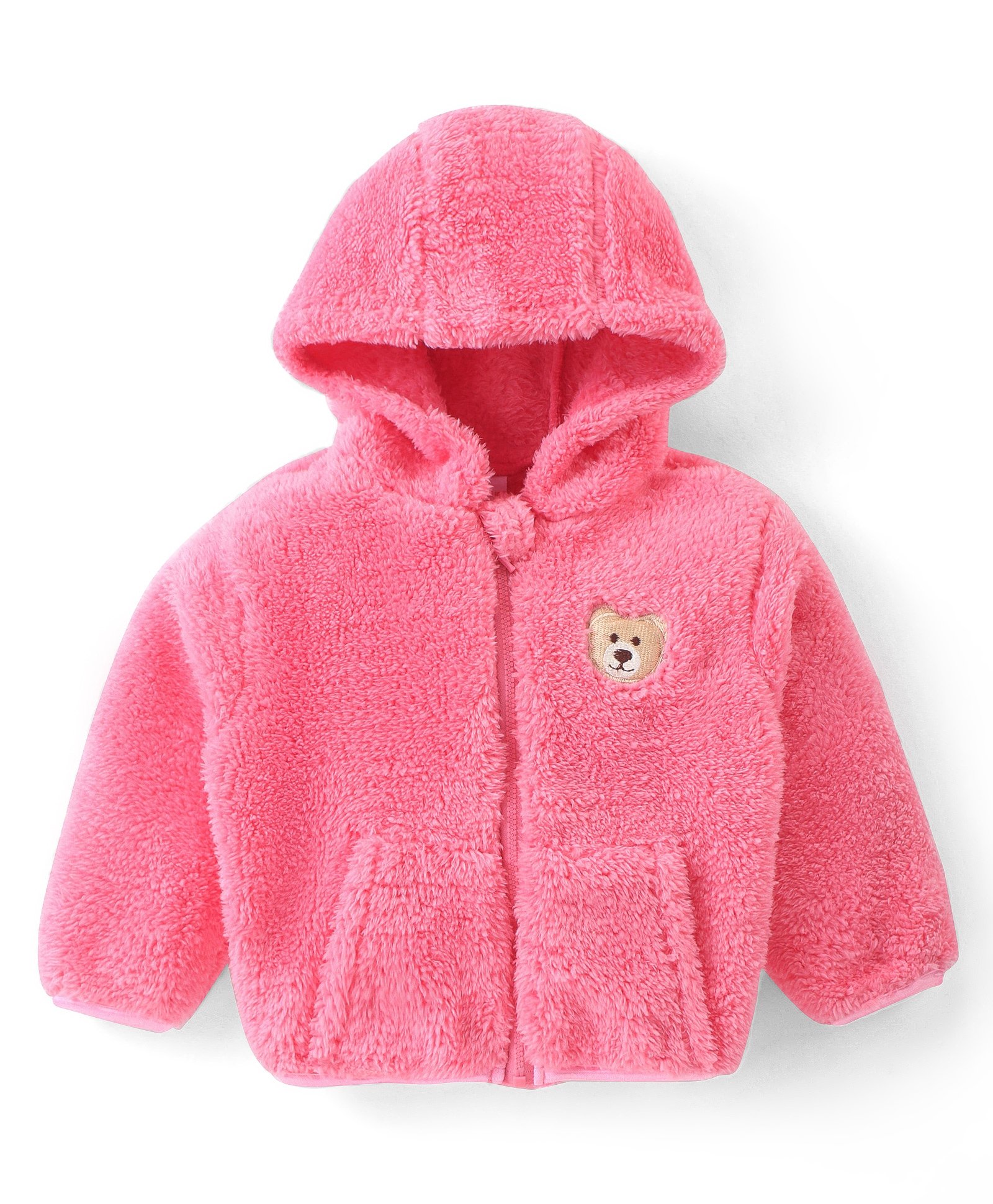 Babyhug Woven Full Sleeves Front Open Hooded Fur Jacket With Bear Embroidery Detailing - Pink-image-32