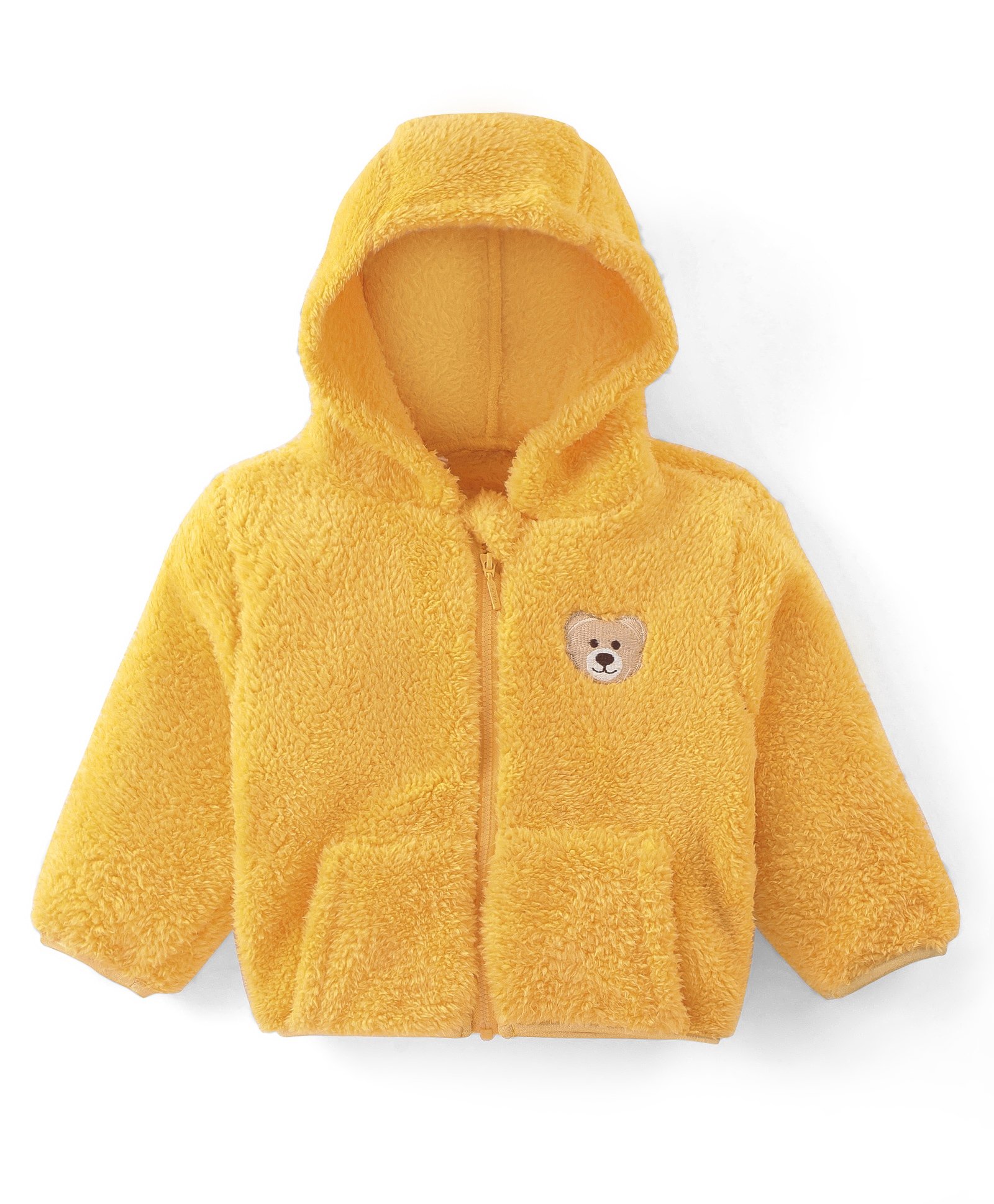 Babyhug Woven Full Sleeves Front Open Hooded Fur Jacket With Bear Embroidery Detailing - Mustard-image-47