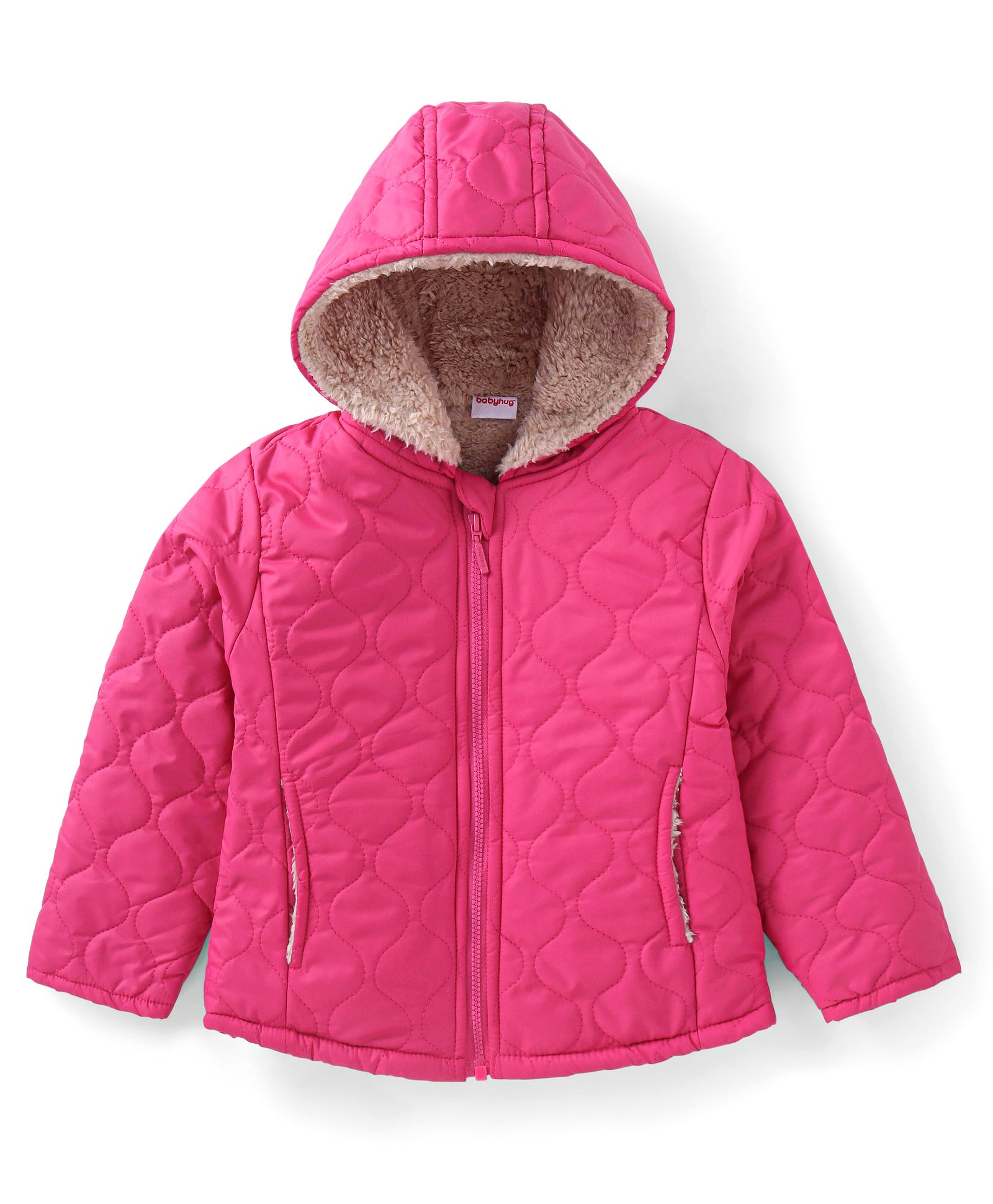 Babyhug Fur Woven Full Sleeves Padded Hooded Winter Jacket with Pockets - Dark Pink-picture-36
