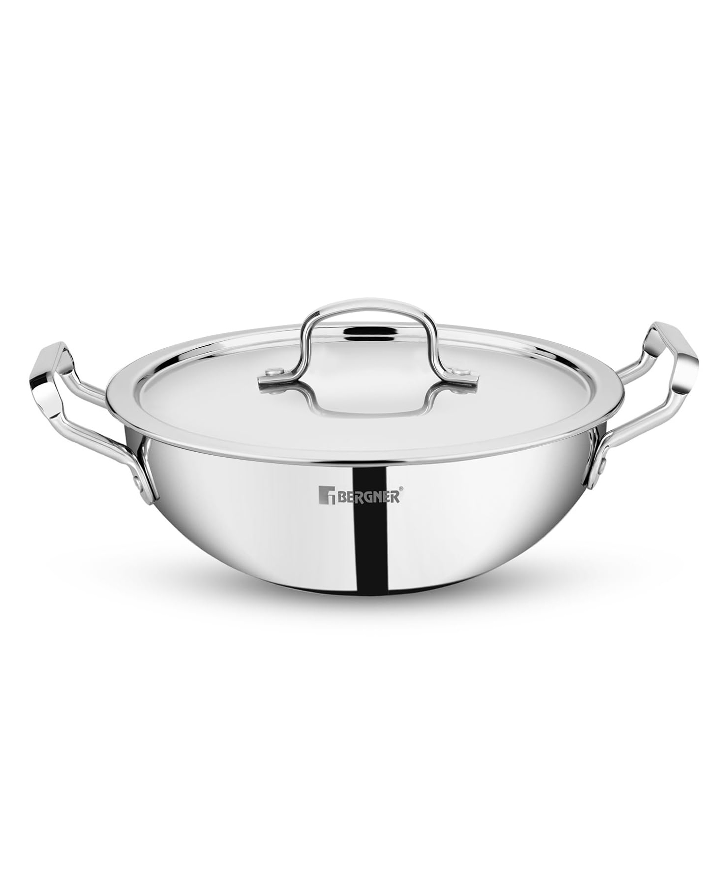 Bergner Tripro Triply Stainless Steel Deep Kadai with Lid, 22 cm, 2.5 L