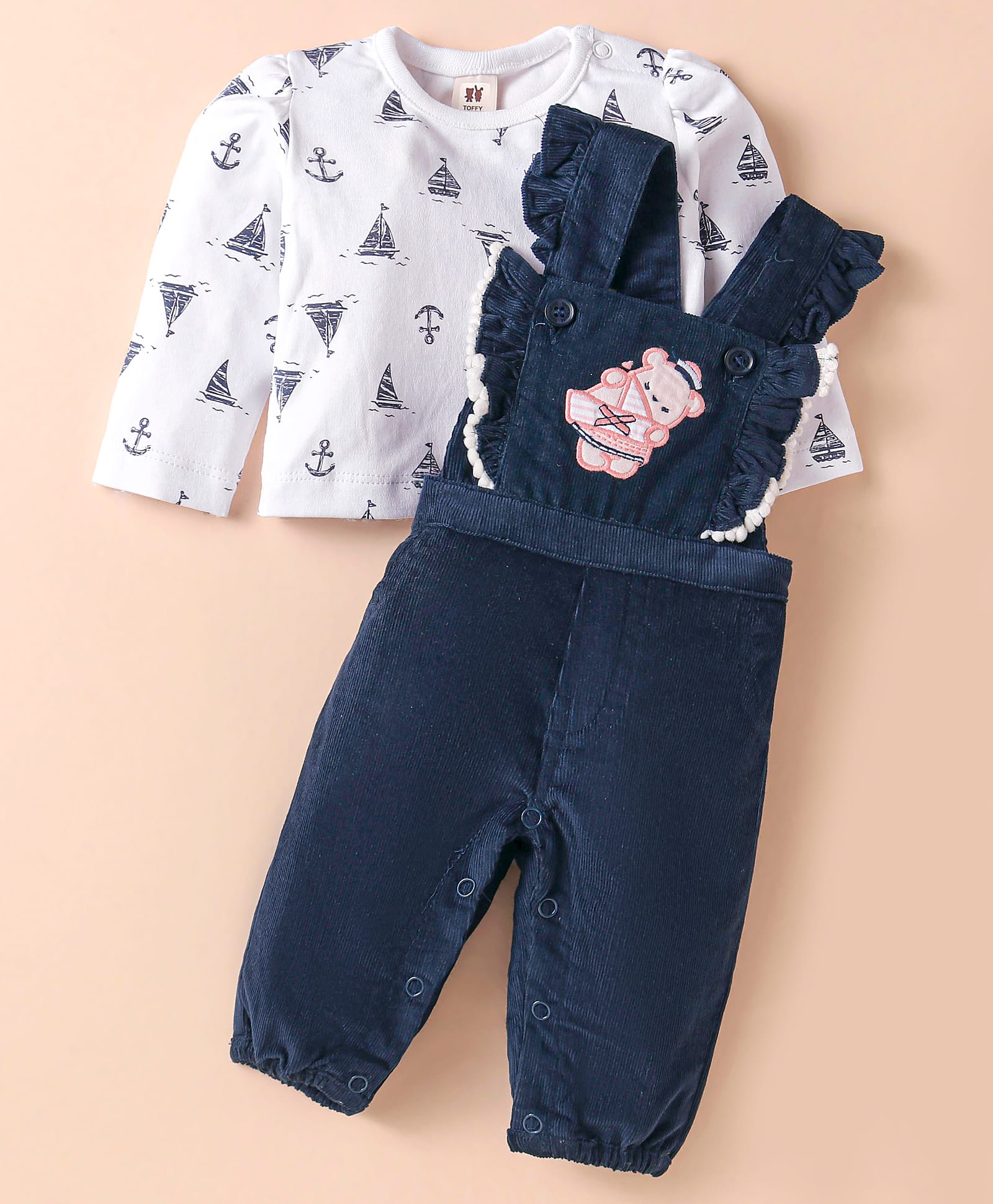 ToffyHouse Cotton Woven Dungaree & Full Sleeves T-Shirt With Nautical Theme Print & Animal Patch - Navy Blue-picture-27