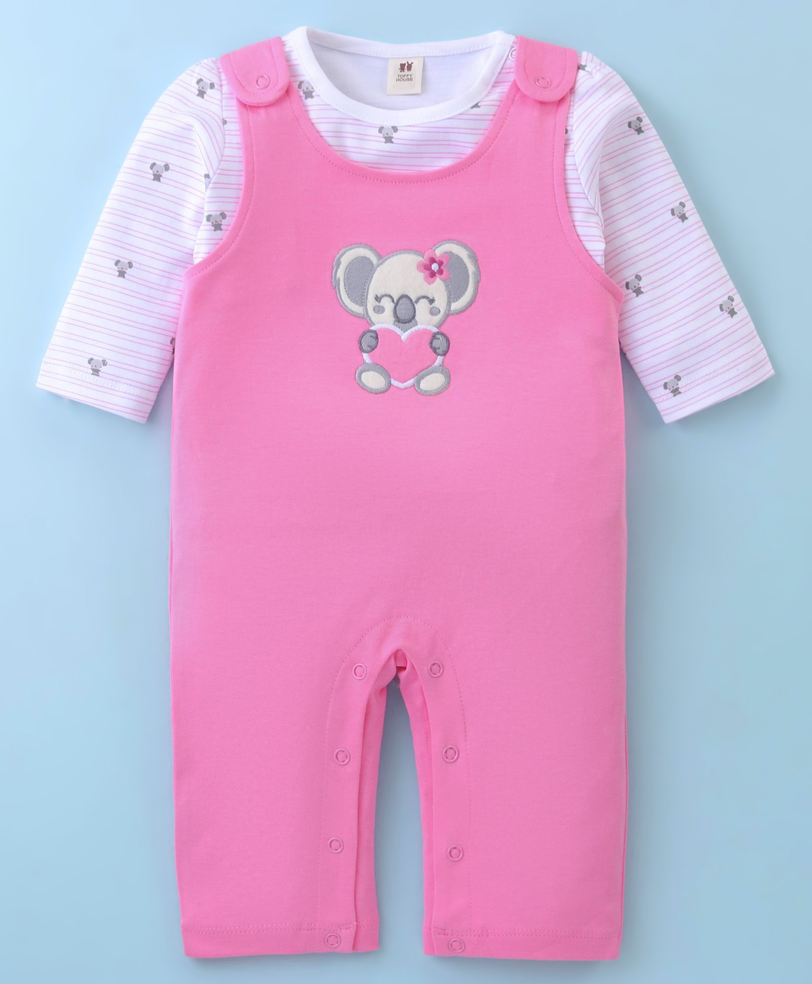 ToffyHouse 100% Cotton Knit Full Sleeves Koala Printed T-Shirt & Dungaree Style Romper - Pink-picture-9