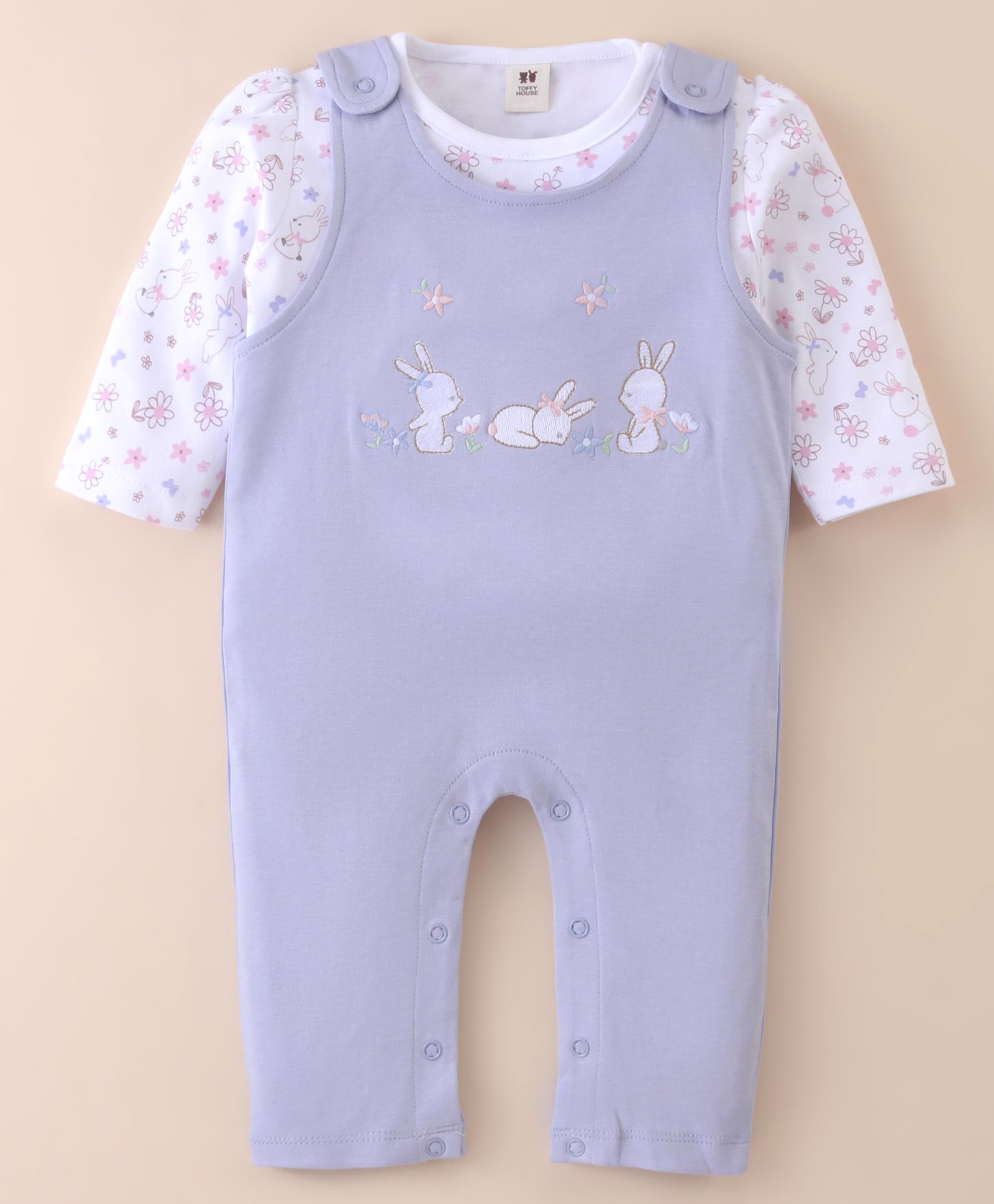 ToffyHouse 100% Cotton Knit Full Sleeves Floral & Bunny Printed Dungaree Style Romper & T-Shirt -Light Blue-picture-25