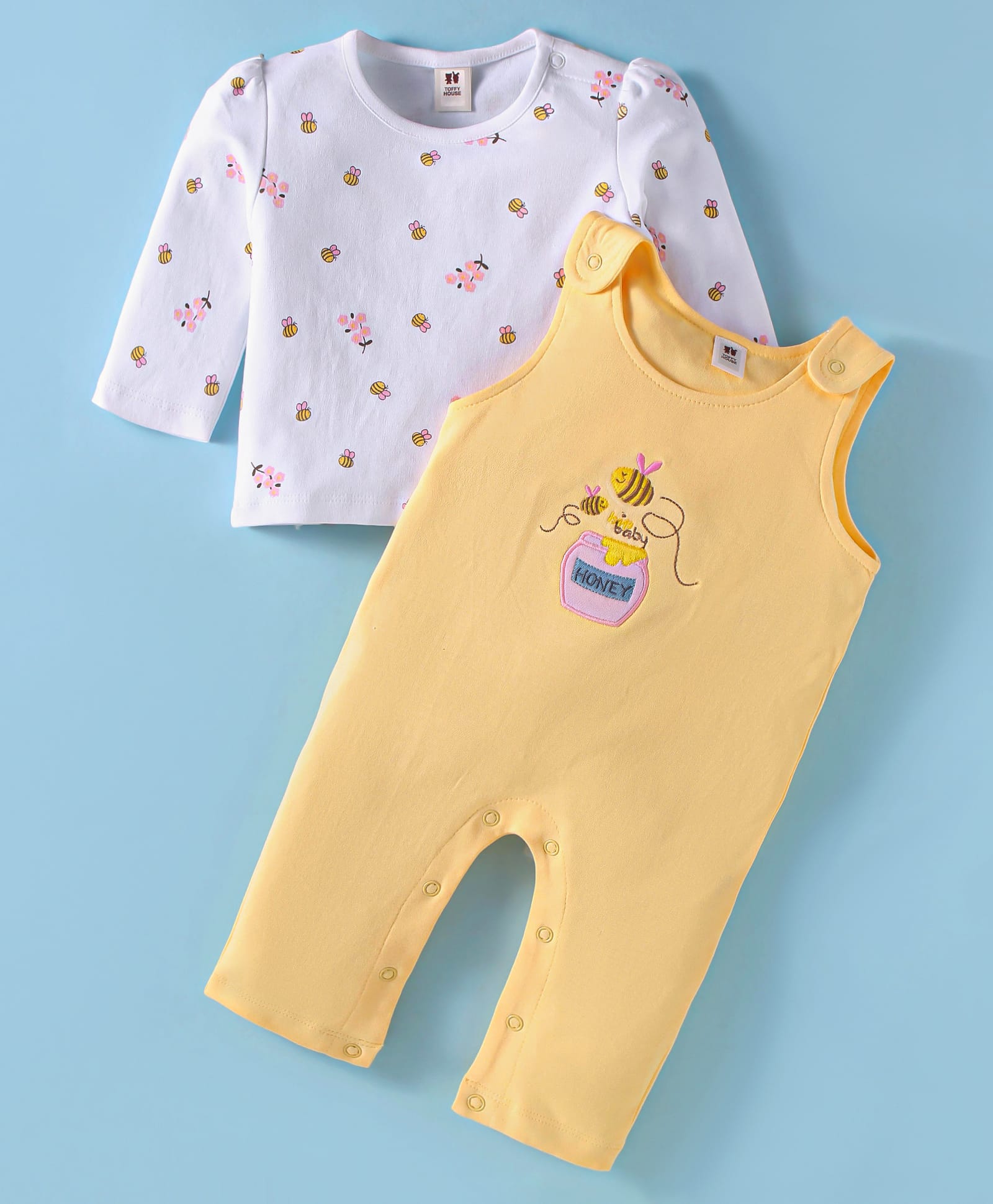 ToffyHouse 100% Cotton Knit Full Sleeves T-Shirt &Dungaree Style Romperwith Bees Embroidery - Lemon Yellow & White-picture-37