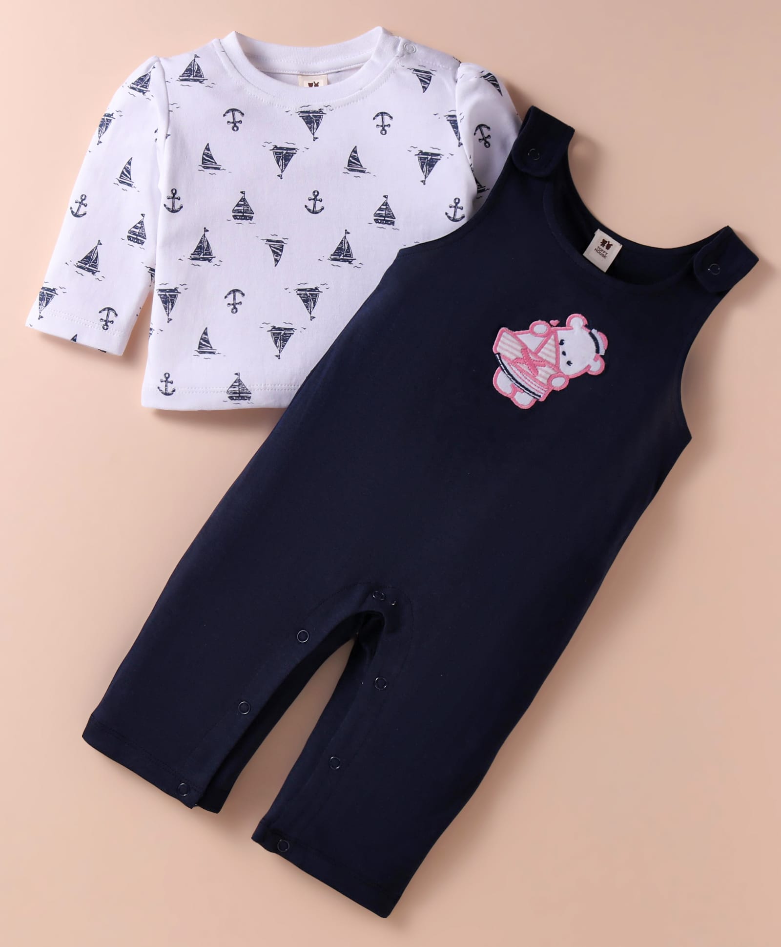 ToffyHouse Interlock Knit Dungaree Style Romper & Full Sleeves T-Shirt With Nautical Theme Print & Animal Embroidery - Navy Blue & White-picture-19