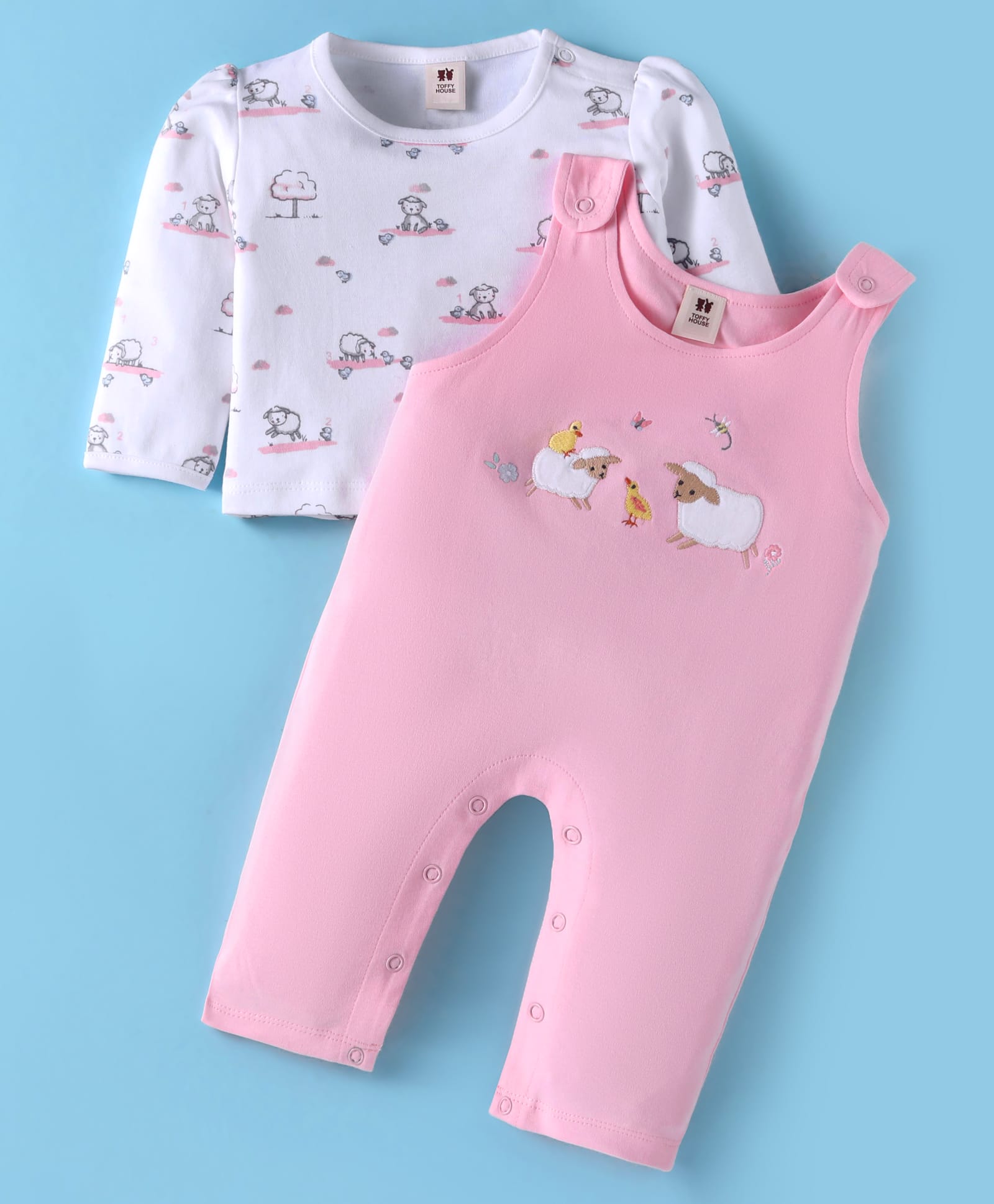ToffyHouse Interlock Knit Full Sleeves T-Shirt & Dungaree Style Romper With Animal Print & Patch Detailing - Pink-picture-12