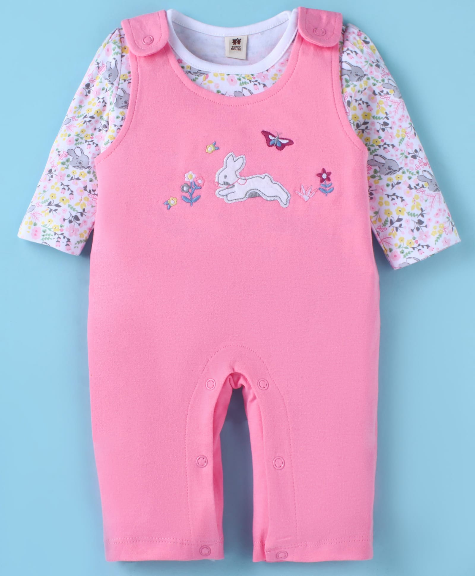 ToffyHouse 100% Cotton Knit Full Sleeves Floral & Bunny Printed T-Shirt & Dungaree Style Romper - Pink & White-picture-16