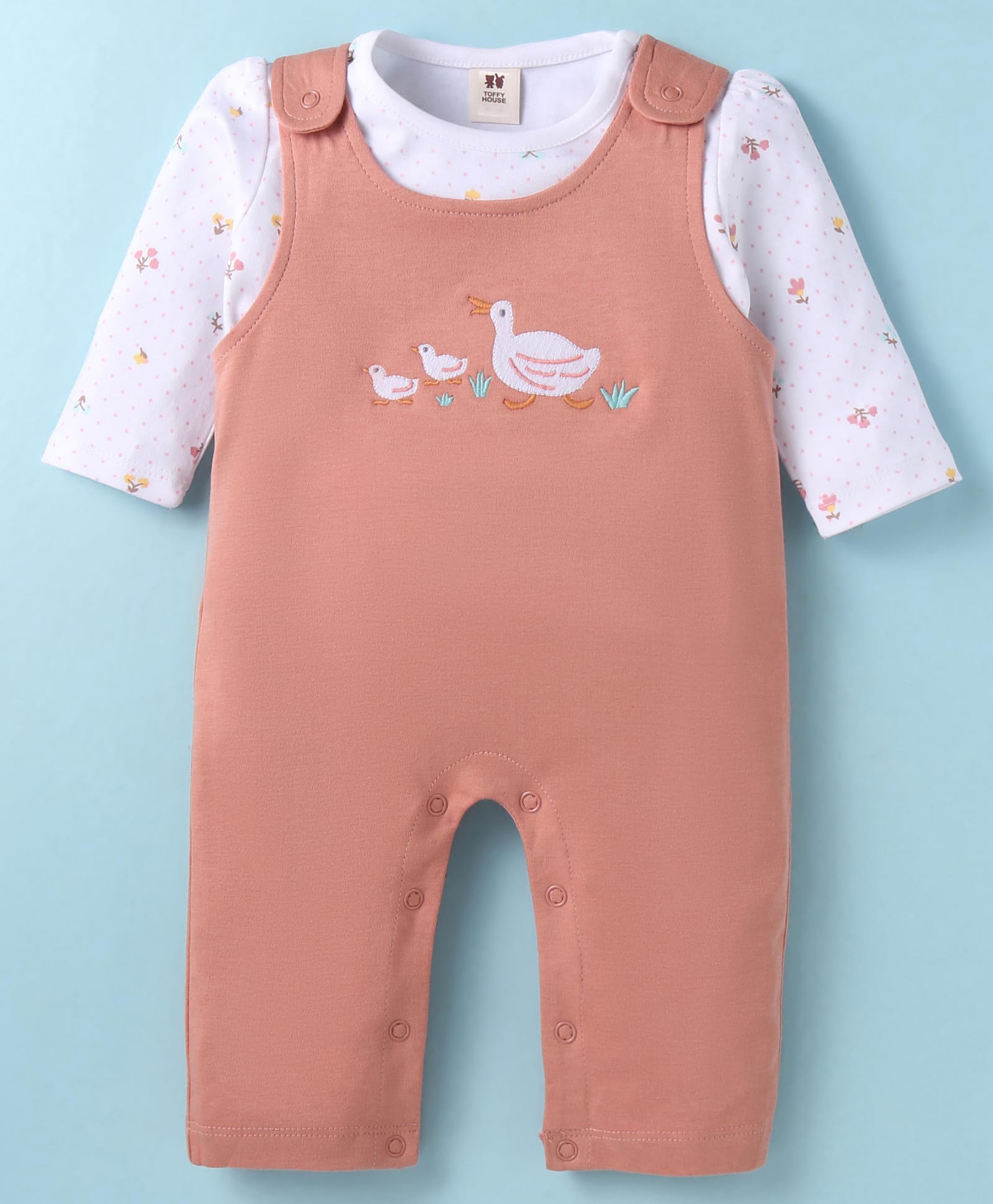 ToffyHouse 100% Cotton Knit Full Sleeves Floral Printed T-Shirt & Embroidered Dungaree Style Romper - Dark Peach & White-image-37