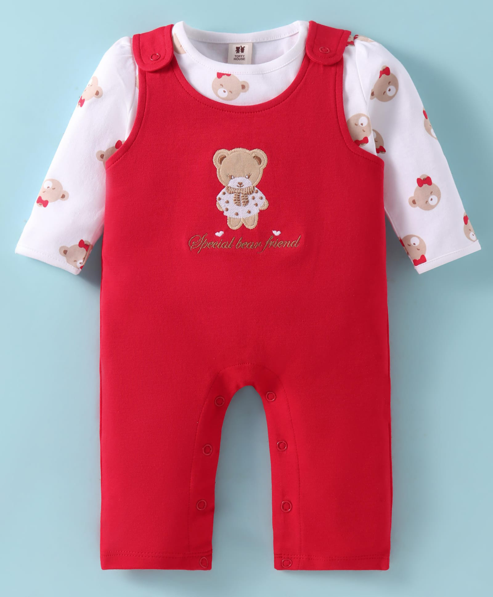 ToffyHouse Interlock Knit Dungaree Style Romper & Full Sleeves T-Shirt With Bear Print & Embroidery - Red-picture-24