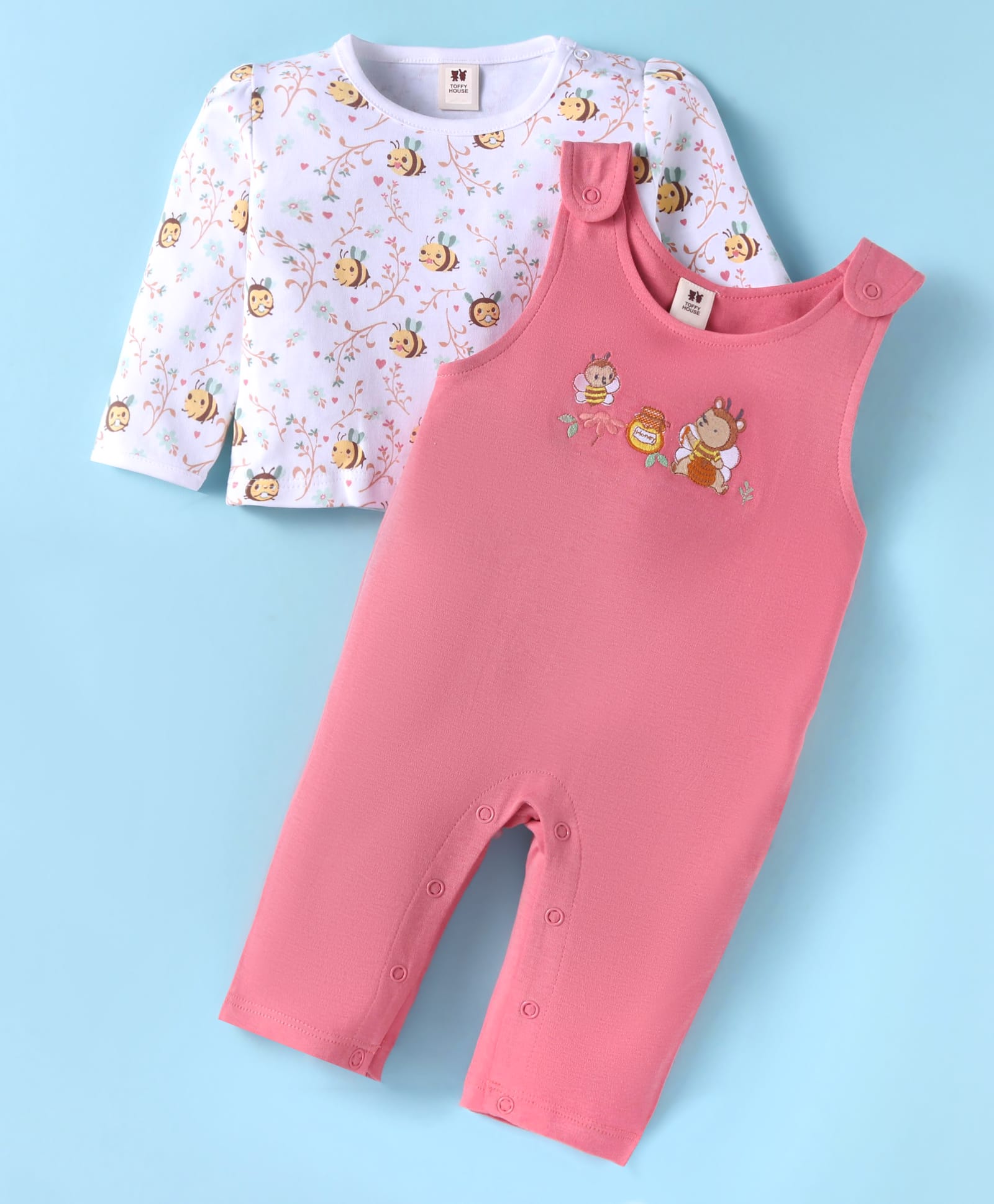 ToffyHouse Interlock Knit Full Sleeves T-Shirt & Dungaree Style Rompers With Butterfly Print & Embroidery - Dark Pink-image-45