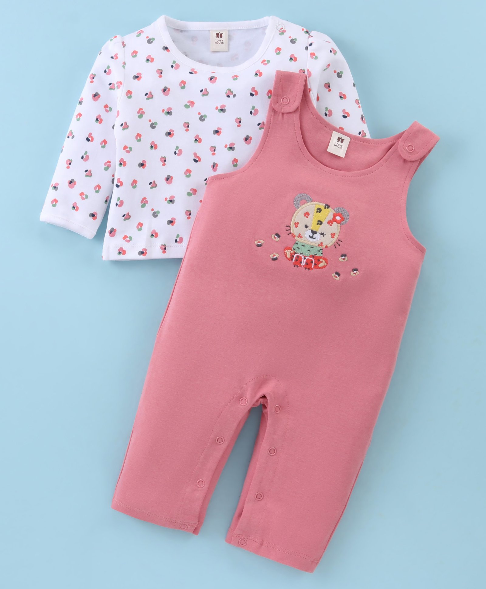 ToffyHouse 100% Cotton Knit Full Sleeves Printed &  Tiger Embroidered Dungaree Style Romper & T-Shirt - Dark Peach-image-47