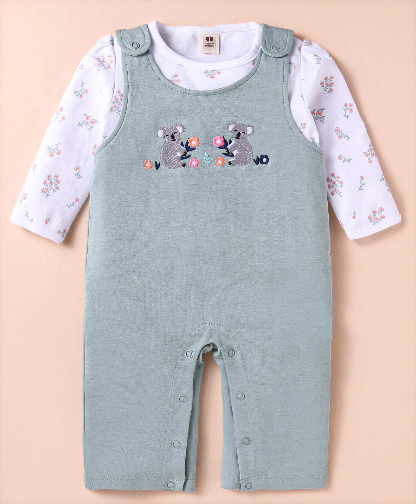 ToffyHouse 100%Cotton Knitted Full Sleeves Floral Printed T-Shirt& Koala Embroidered Dungaree Style Romper - Grey-picture-25