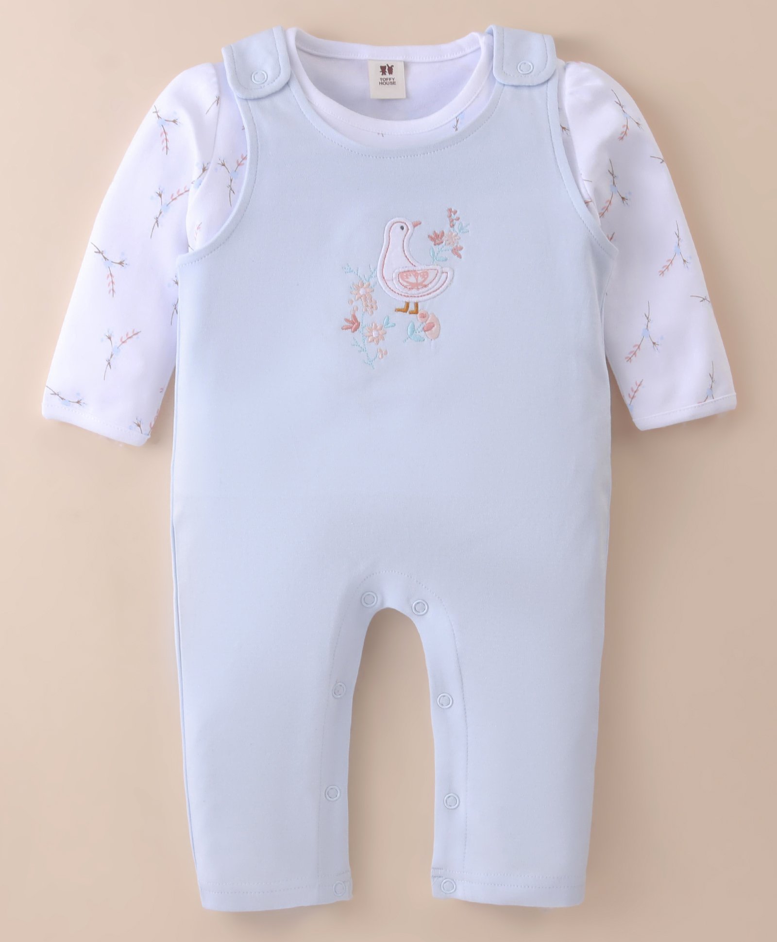 ToffyHouse 100% Cotton Knit Full Sleeves Floral Print & Pigeon Embroidery Dungaree Style Romper with T-Shirt - Light Blue