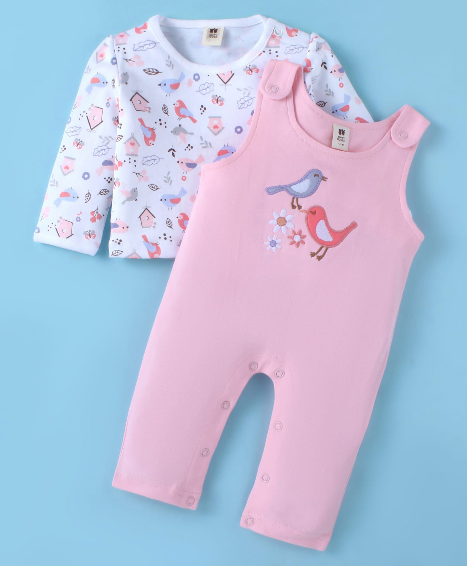 ToffyHouse 100% Cotton Knit Full Sleeves Sparrow Printed T-Shirt & Dungaree Style Romper Set - Pink-picture-11