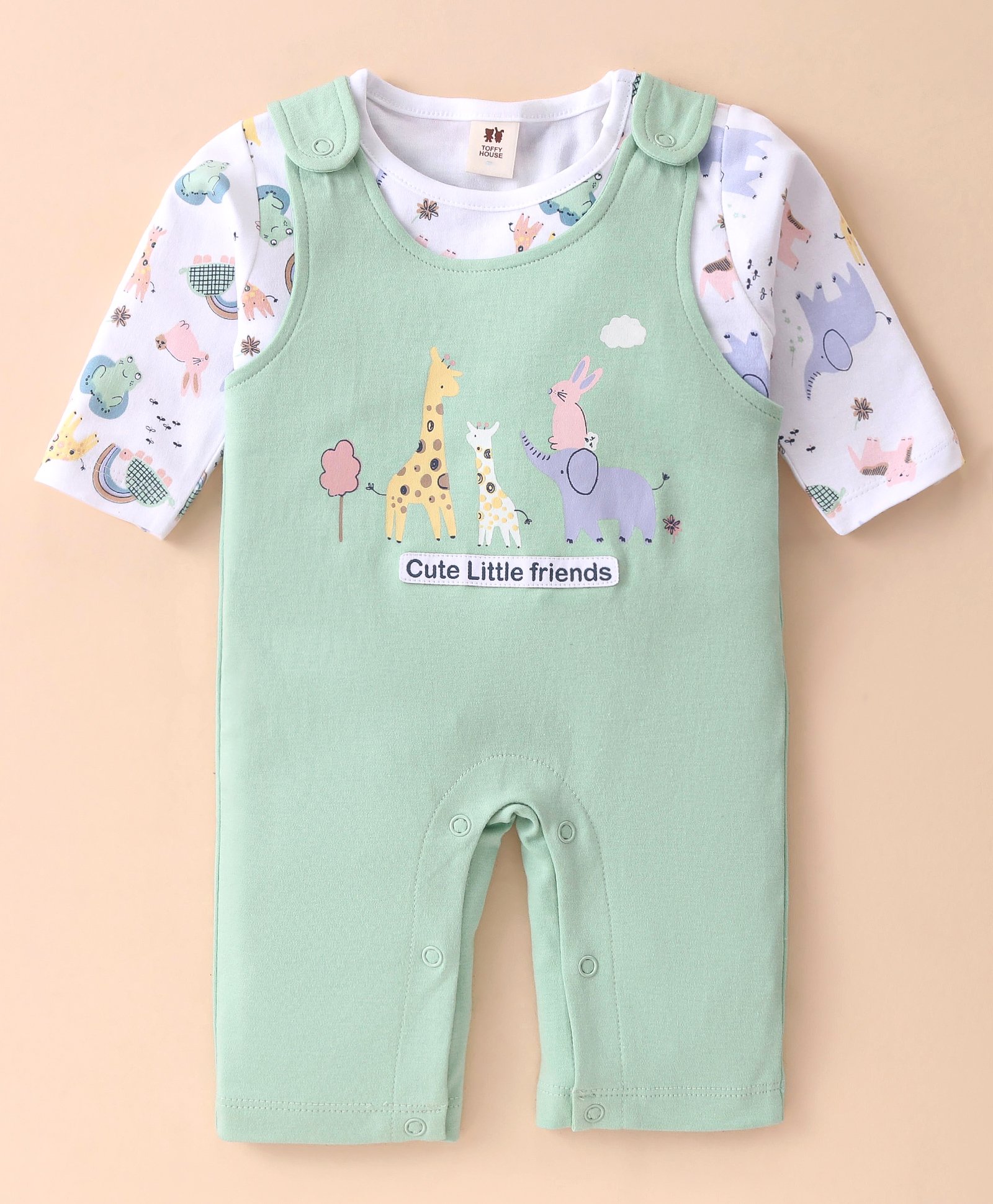 ToffyHouse Cotton Knit Full Sleeves Dungaree Style Romper with Animal Print - Green-picture-10