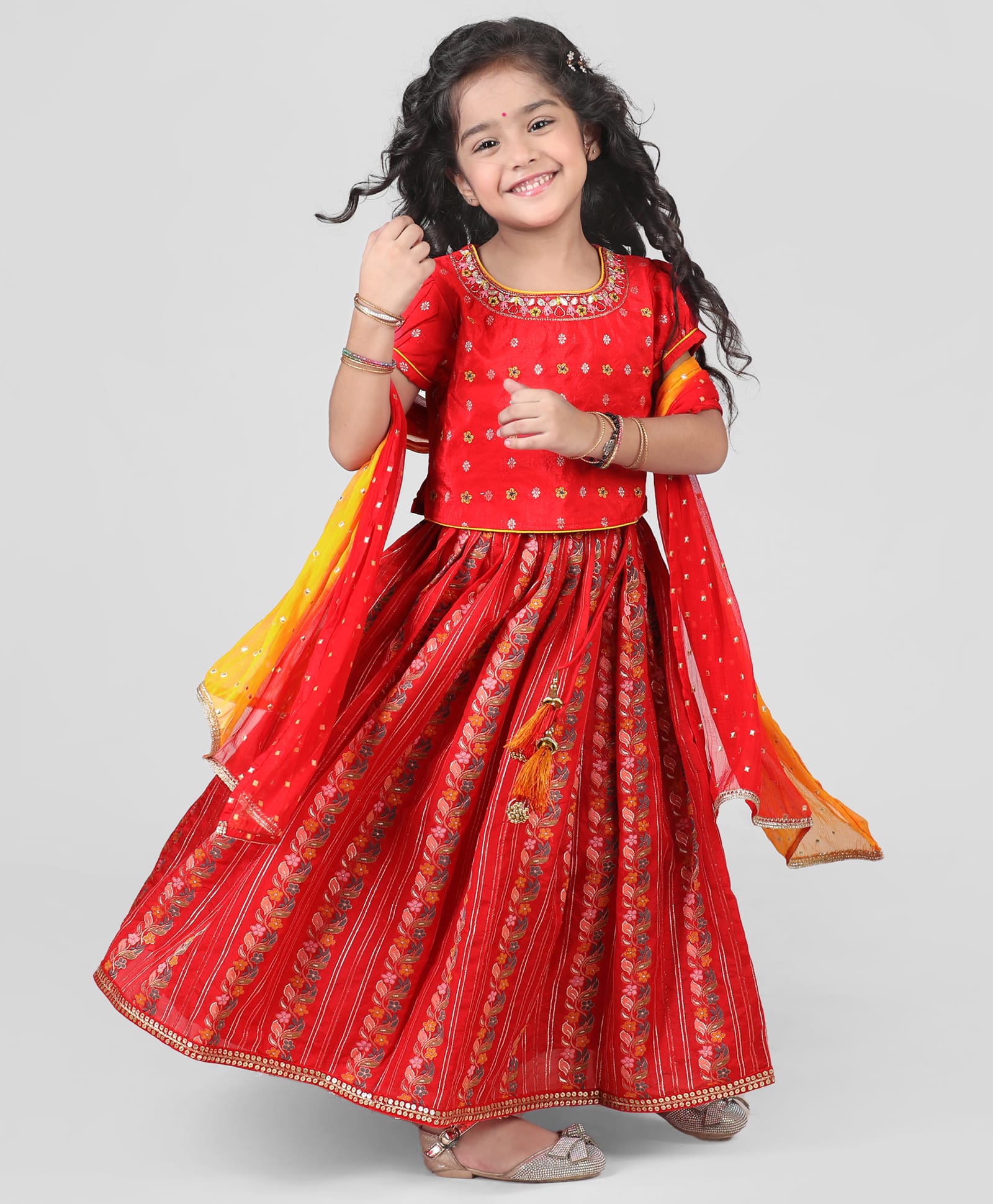 Babyhug Brocade Woven Half Sleeves Floral Embroidered  Choli Lehenga Set with Dupatta Mirror Work & Lace Detailing - Red-image-39