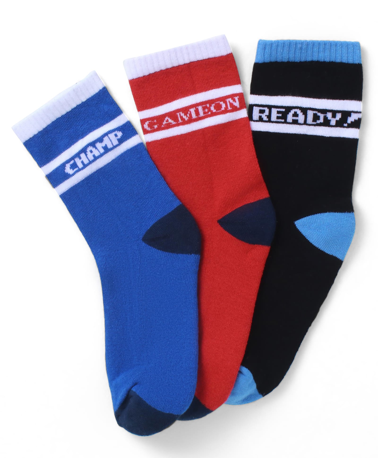 Pine Kids Cotton Knit Socks with Text Print Pack of 3 - Blue Red & Black-image-38