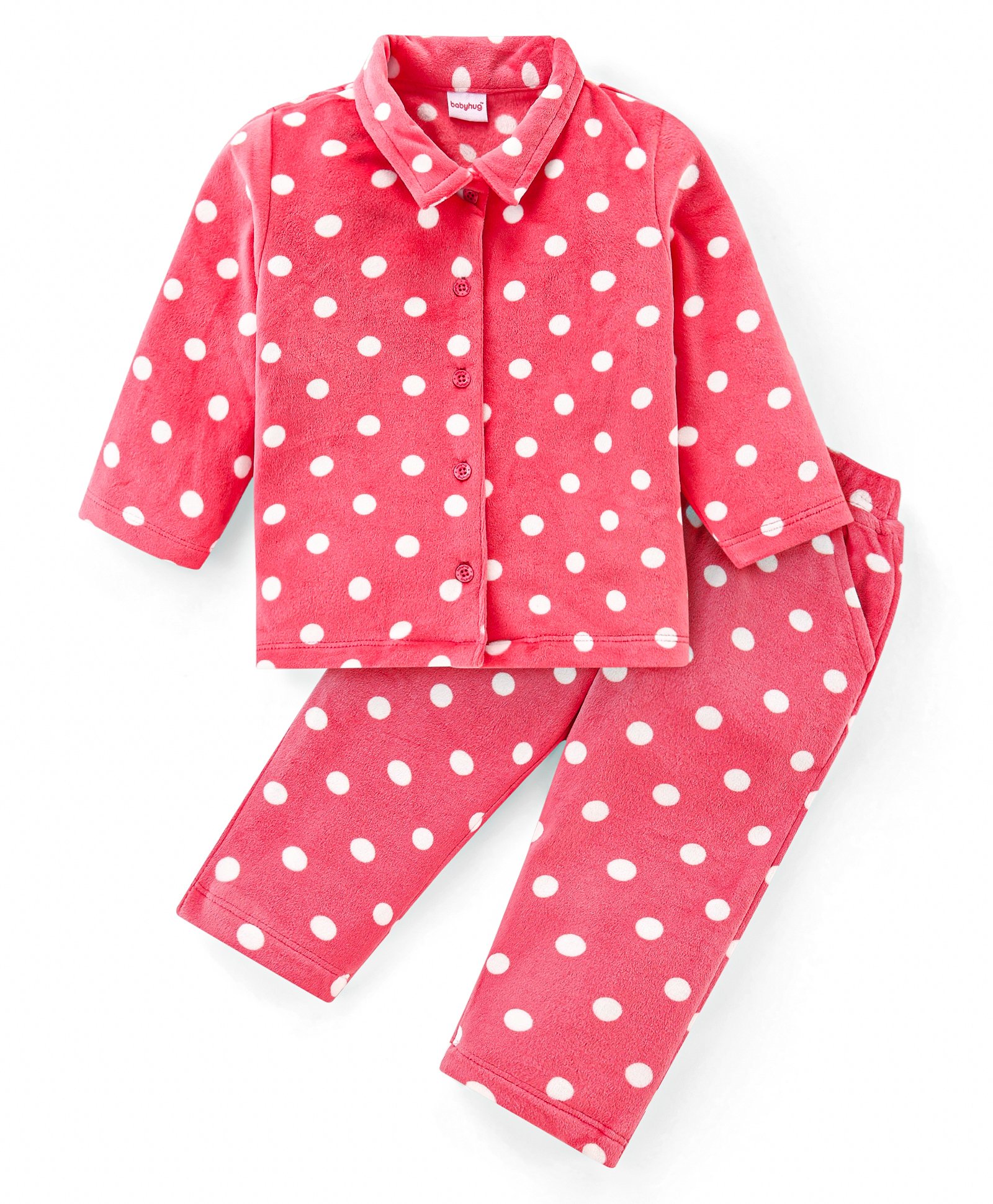 Babyhug Woven Full Sleeves Collared Winter Wear Co-Ord Set With Polka Dots Print - Dark Pink-image-9