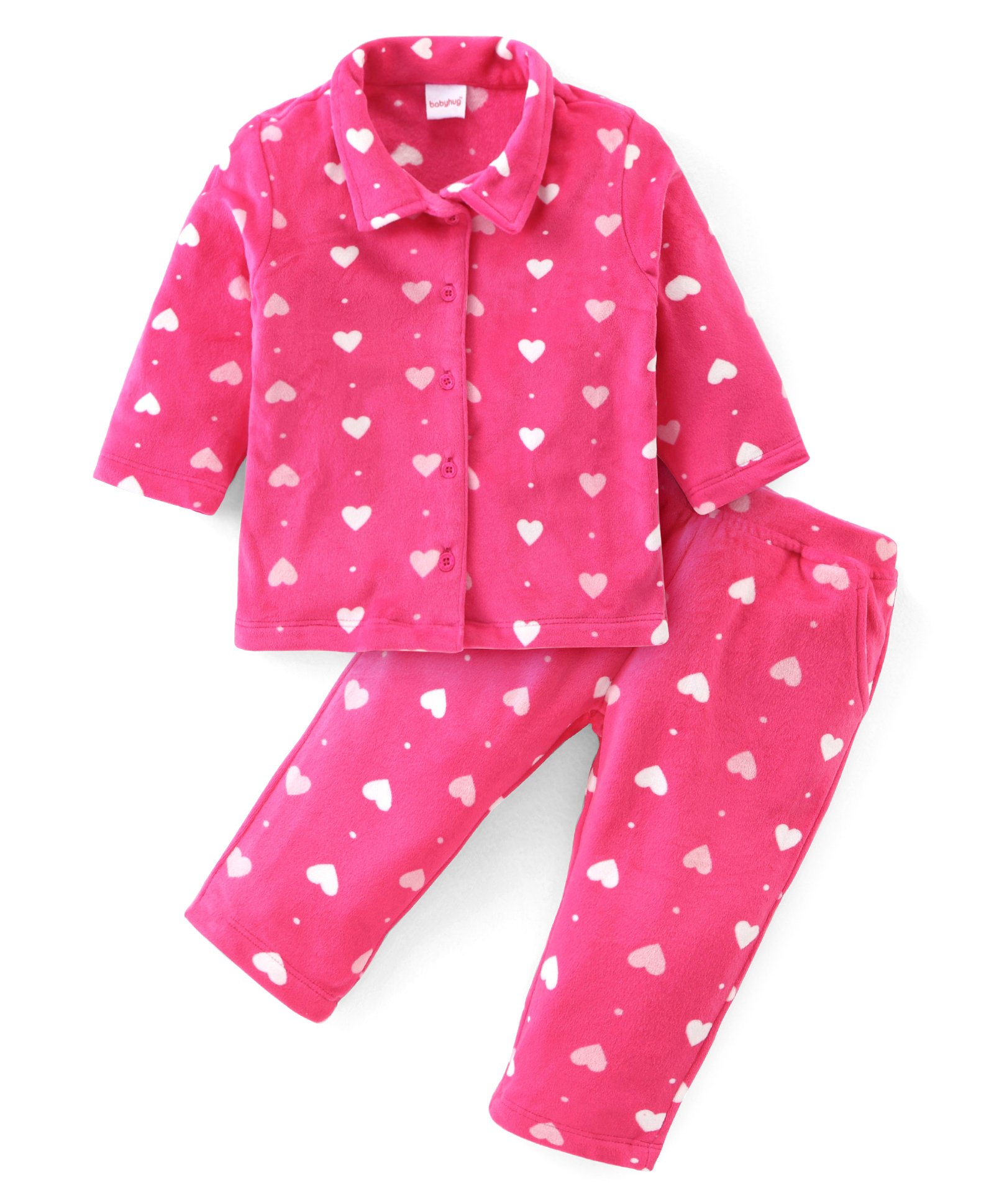 Babyhug Fleece Woven Full Sleeves Collared Winter Wear Co-Ord Suit With Hearts Print - Fuchsia-image-26