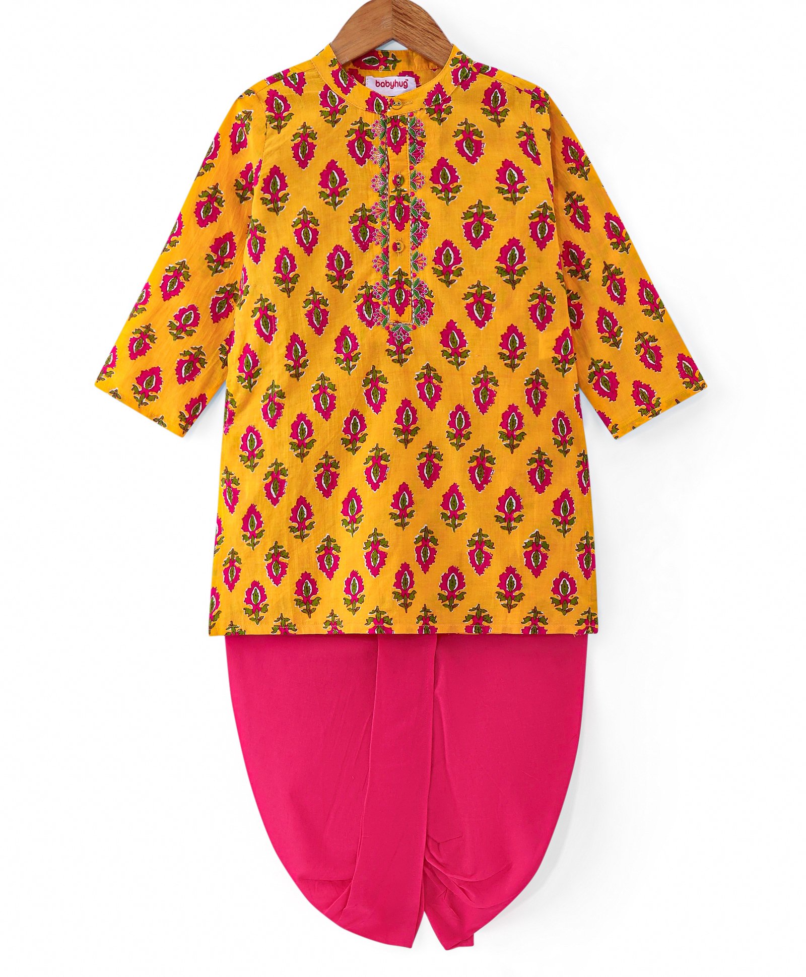 Babyhug Cotton Woven Full Sleeves Dhoti Kurta Set With Floral Print - Mustard-image-6