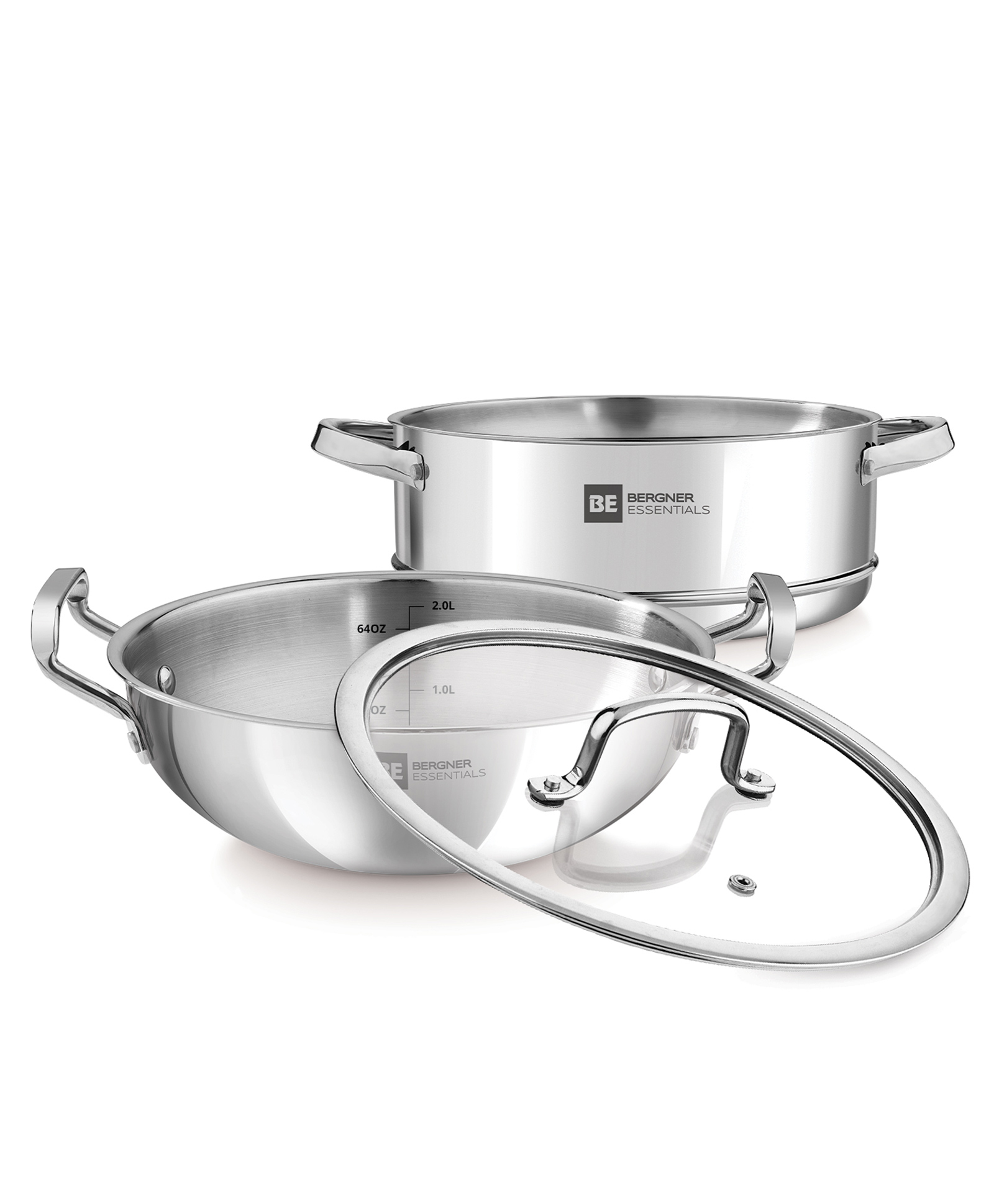 Bergner BE Bergner Essentials Tri-Ply Stainless Steel 3 Pcs Cookware Set of 24 cm Kadai & Steamer with Common Flat Glass Lid, Kadhai & Steamer Set, Induction & Gas Compatible, 5-Year Warranty-image-24