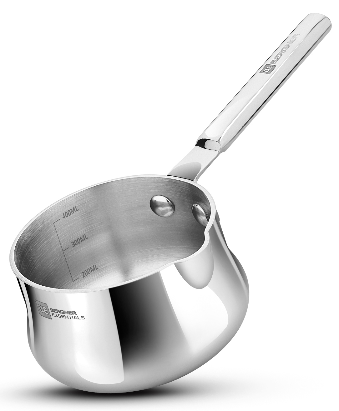 Bergner BE Bergner Essentials Tri-Ply 10 cm Stainless Steel Coffee Warmer / Milk Warmer Pot with Handle, Measuring Scale Inside Pot, Induction & Gas Friendly, Silver, 5-Year Warranty