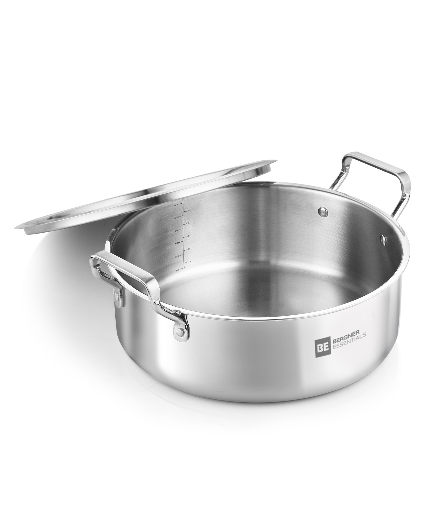 Bergner BE Bergner Essentials TriPly Stainless Steel 32 cm Shallow Biryani Pan with Stainless Steel Lid, Capacity 8.6 L, Shallow Tope/Langri for Biryani, Induction & Gas Compatible, 5-Year Warranty