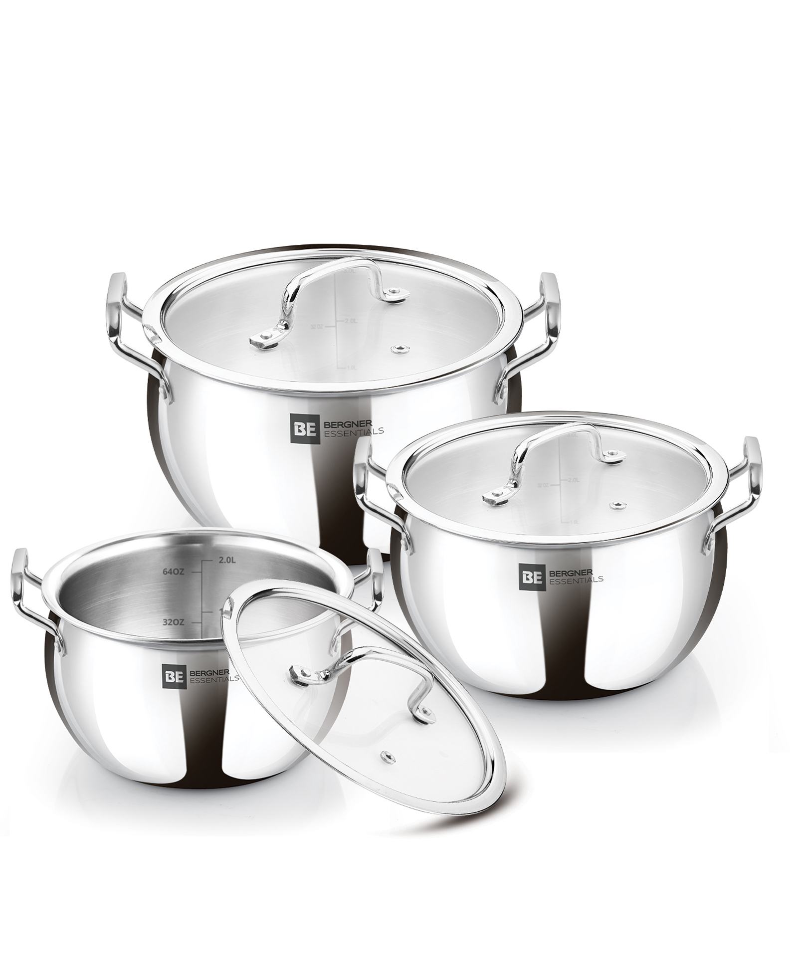 Bergner BE Bergner Essentials TriPly Stainless Steel 3 Pcs Rice Handi Set of Sizes 16cm/2Litre, 18cm/3.2 Litre, 20cm/4.2 Litre with 3 Flat Glass Lids, Even Heat Distribution, Induction Bottom, 5-Year Warranty-image-39