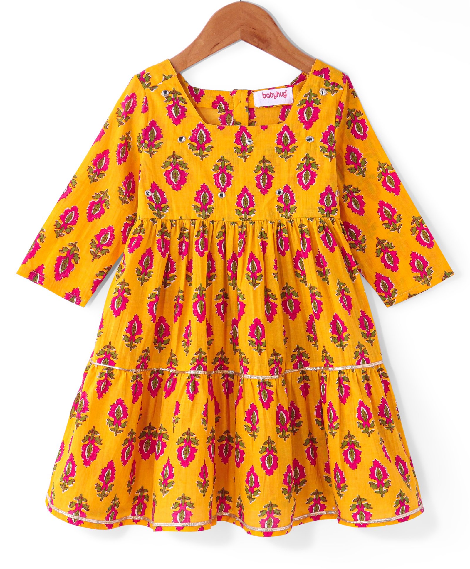 Babyhug Cotton Woven Three Fourth Sleeves Floral Printed Ethnic Dress - Mustard-image-37