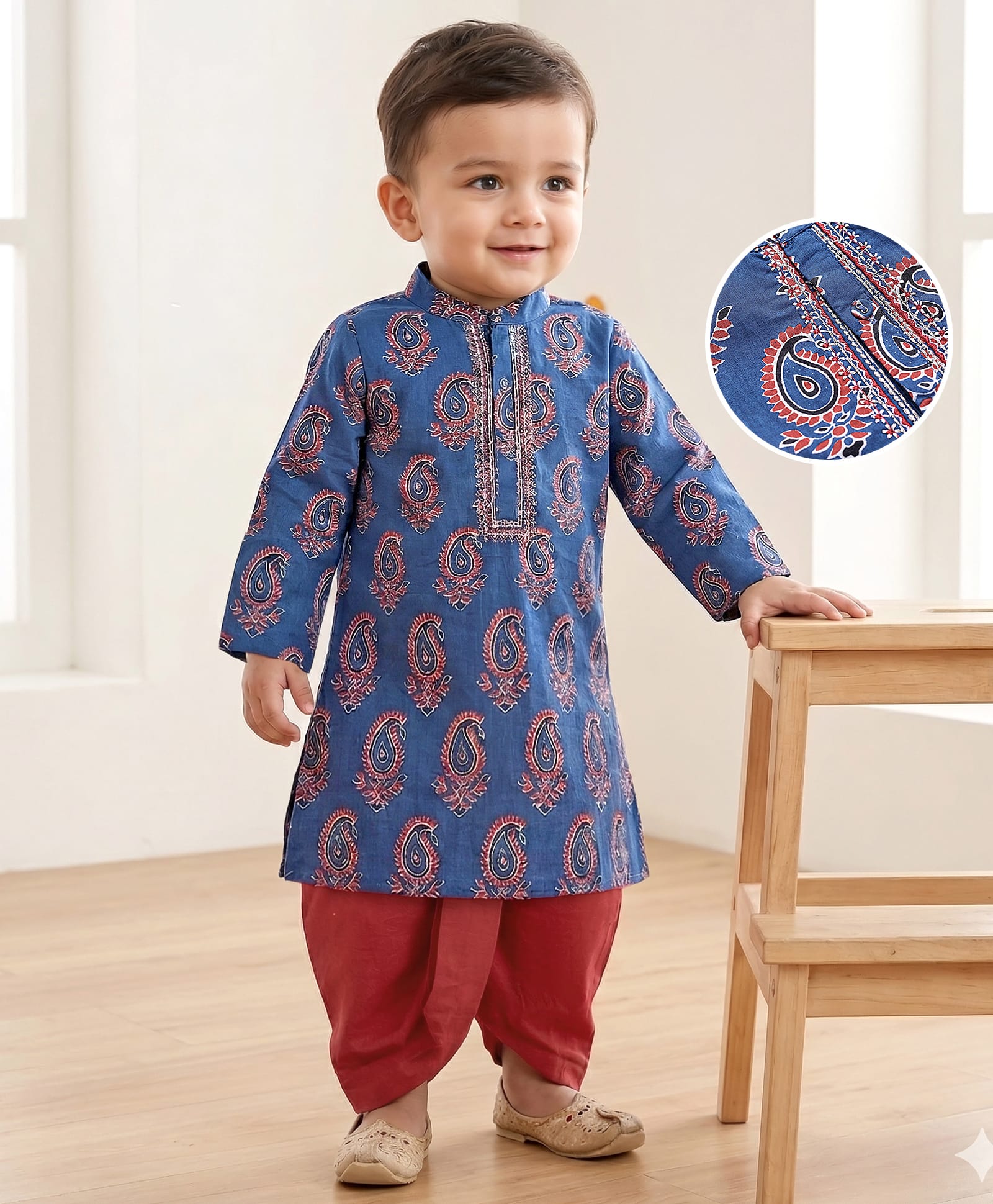 babyhug BabyhugCotton Woven Full Sleeves PrintedKurta & Dhoti Set - Navy Blue-picture-15