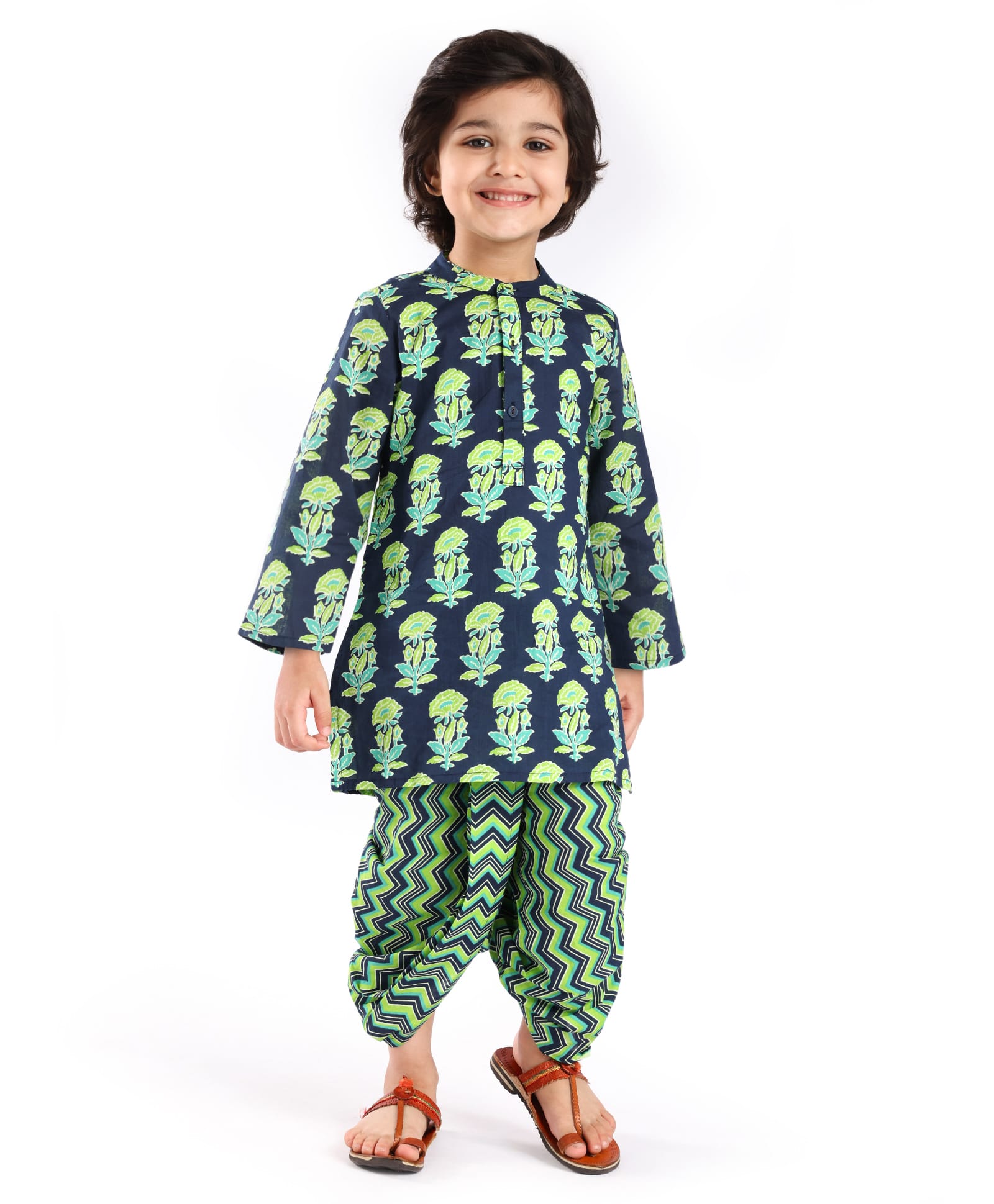 Babyhug Cotton Woven Full Sleeves Kurta Pyjama Set with Floral Print - Navy Blue &Green-image-42