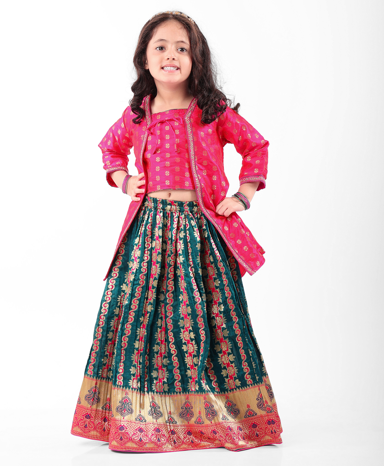 Babyhug Woven Three Fourth Sleeves Lehenga & Choli With Jacket Set and Lace Detailing- Green & Pink-image-36
