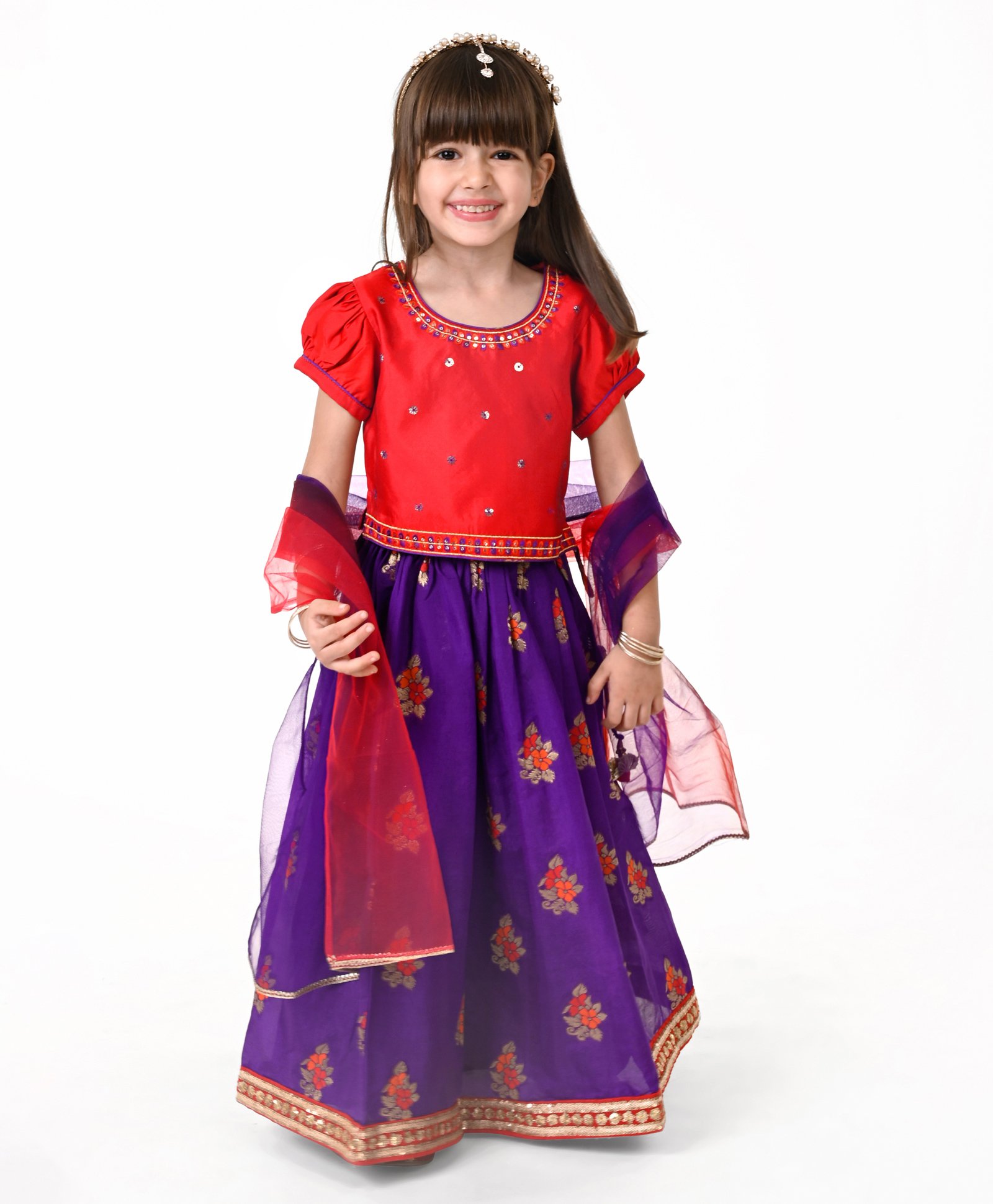 Babyhug Woven Puffed Sleeves Foil Printed Embroidered Choli Lehenga & Dupatta Set - Purple-image-47
