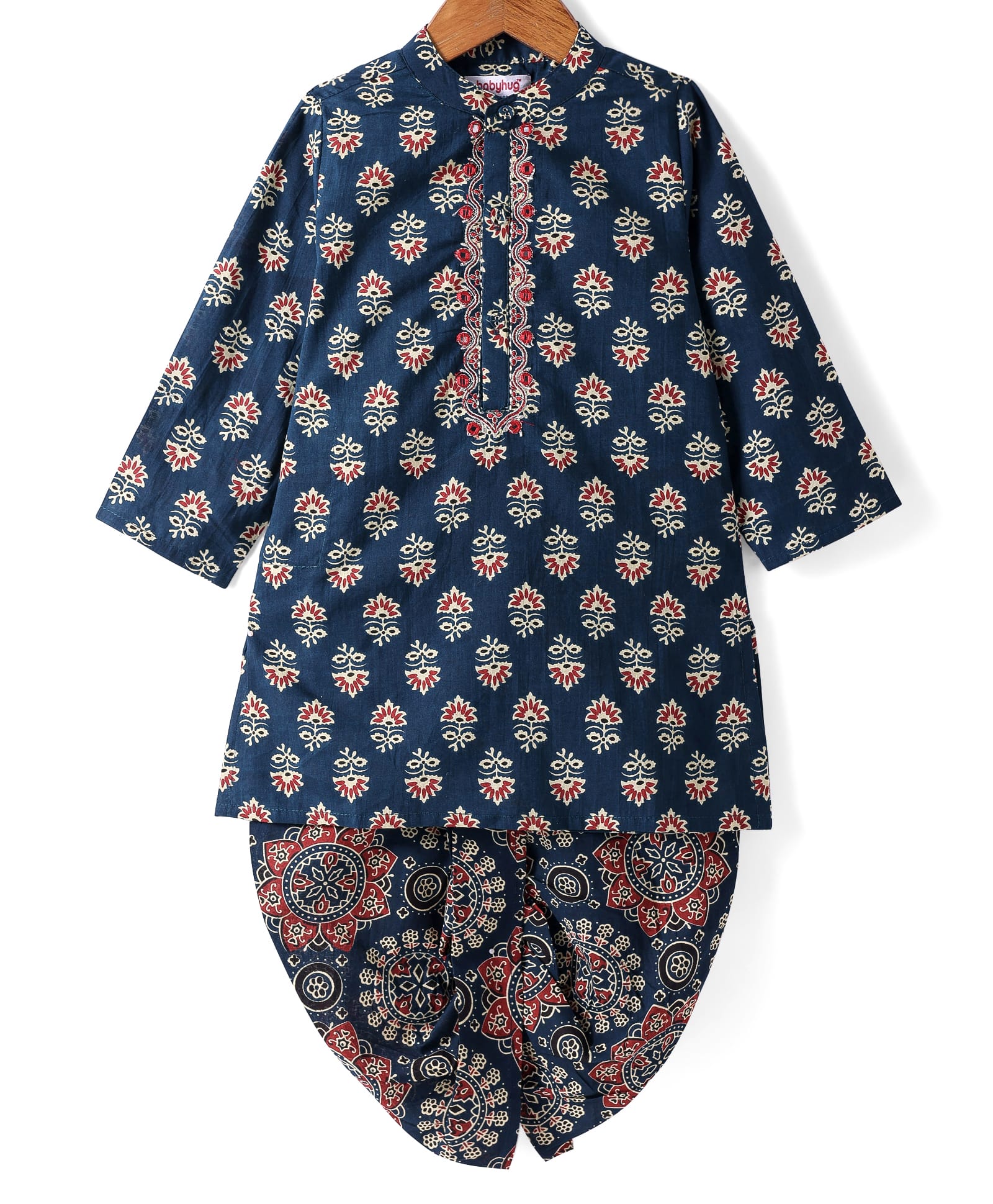 Babyhug Cotton Full Sleeves Floral Print Kurta Dhoti Set - Navy Blue-image-0