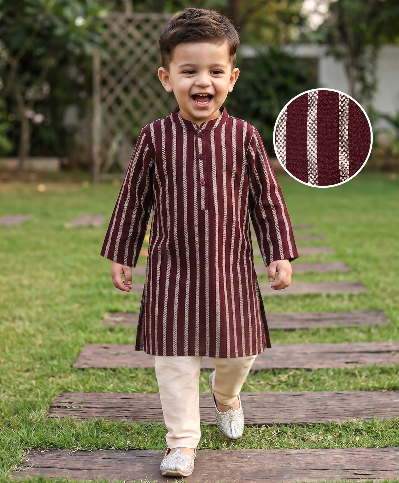 Babyhug Woven Lurex Striped Kurta Pyjama Set - Maroon-image-28