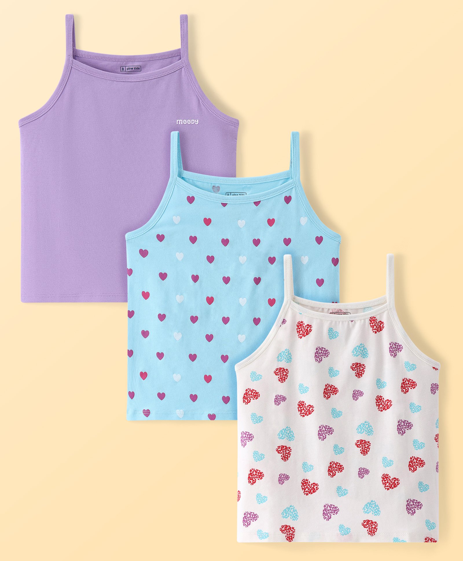 Pine Kids Cotton Knit Singlet Sleeves Slip With Heart Print Pack of 3 (Colour May Vary)-image-24
