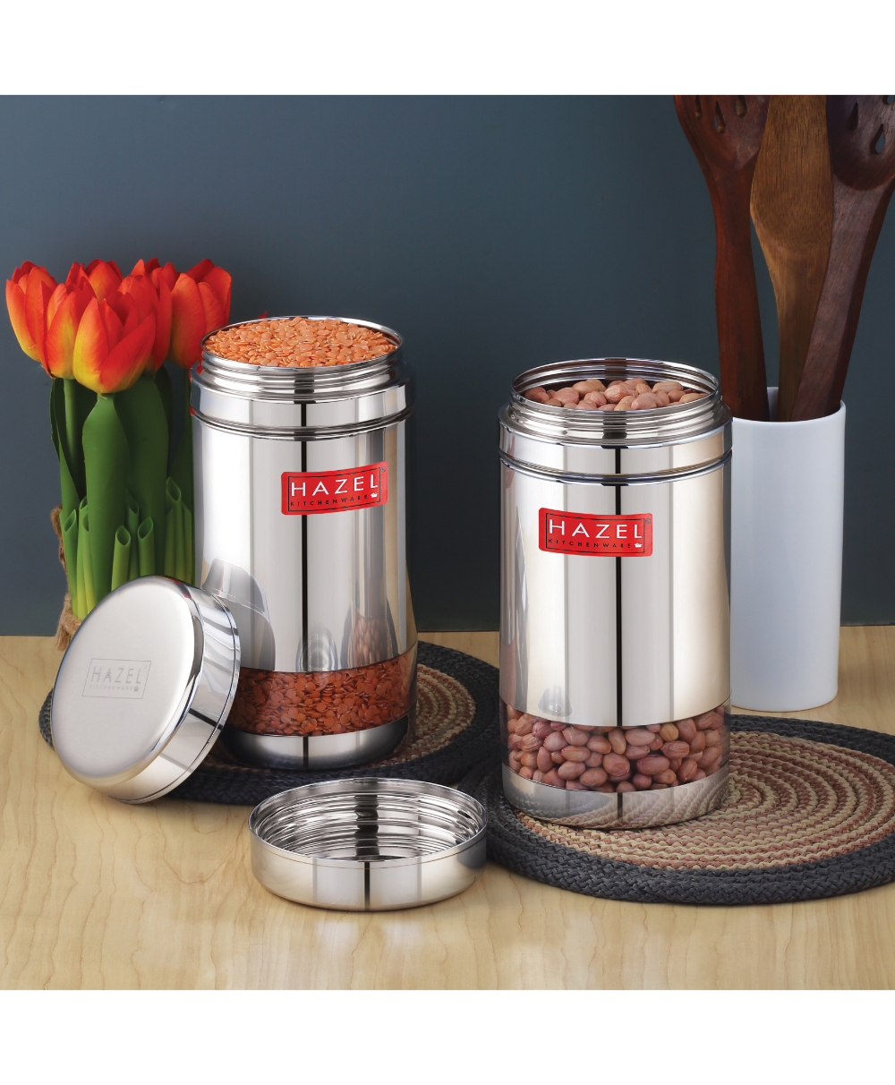 HAZEL Stainless Steel See Through Container | Kitchen Air Tight Storage Containers Set of 2, 1200 ml
