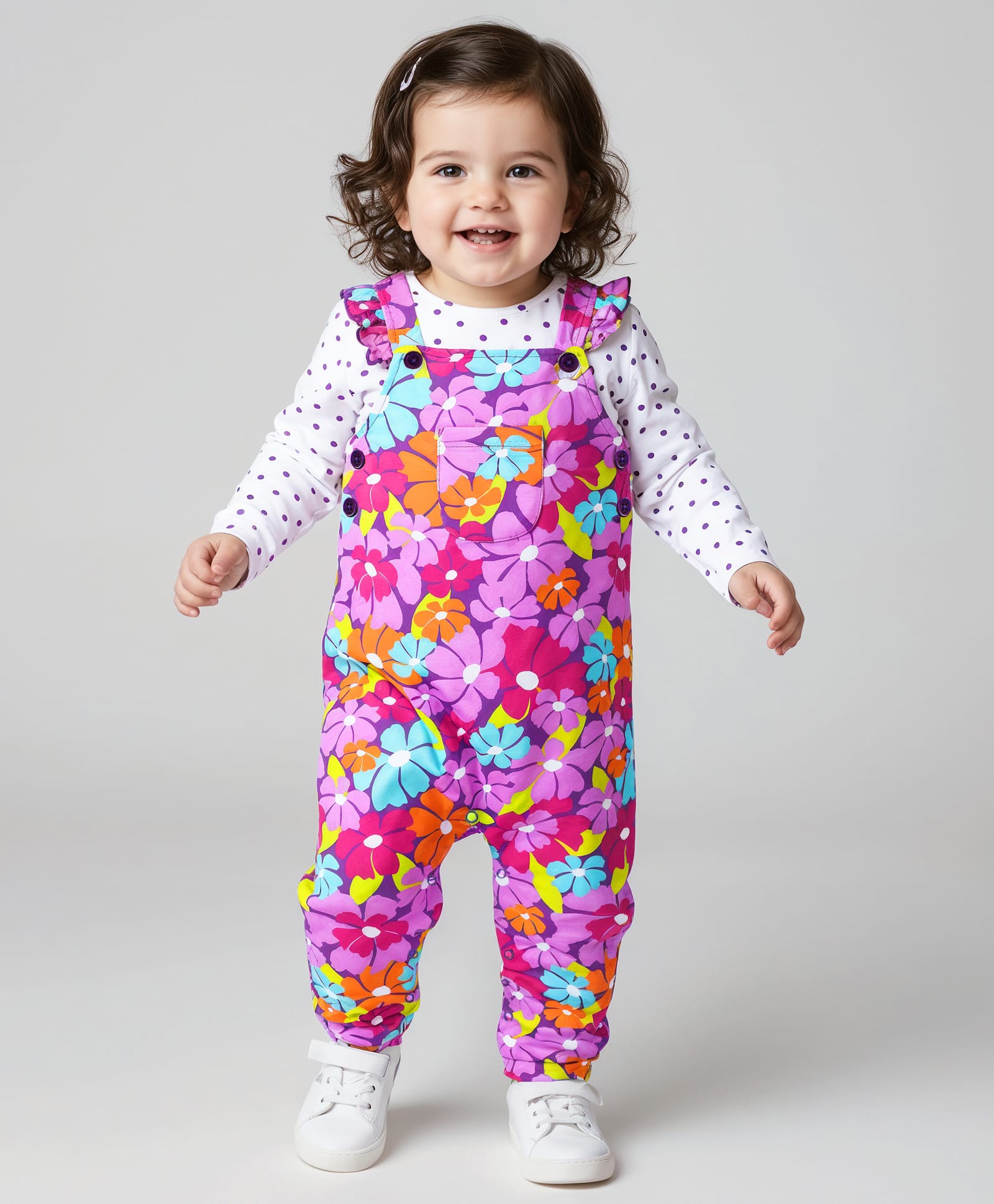Babyhug Cotton Knit Full Sleeves Polka Doted Top with Floral Printed Dungaree - White & Purple-image-39