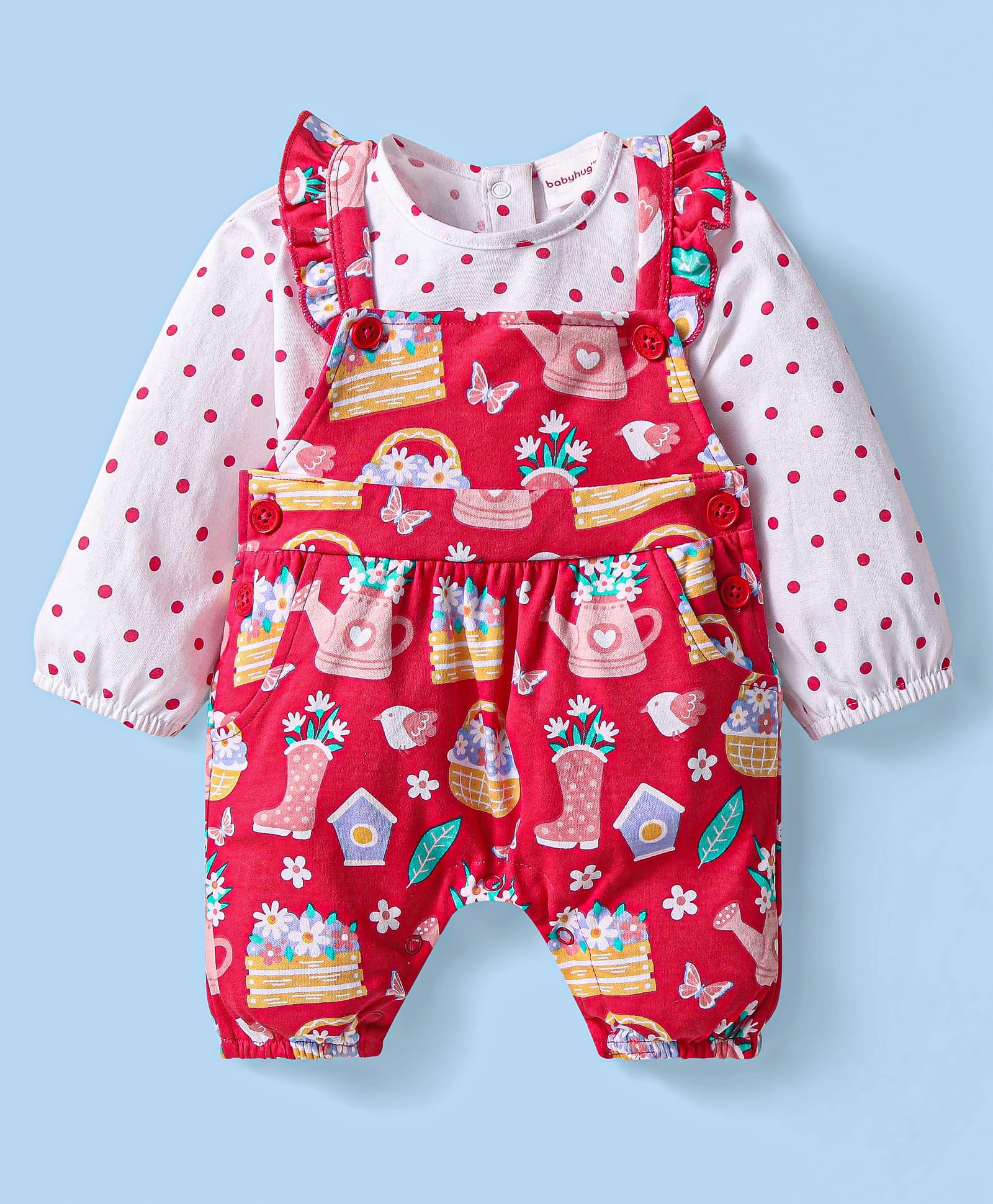 Babyhug Single Jersey Knit Full Sleeves Polka Dots Printed T-Shirt & Dungaree Set with Floral Print - Red & White-picture-22