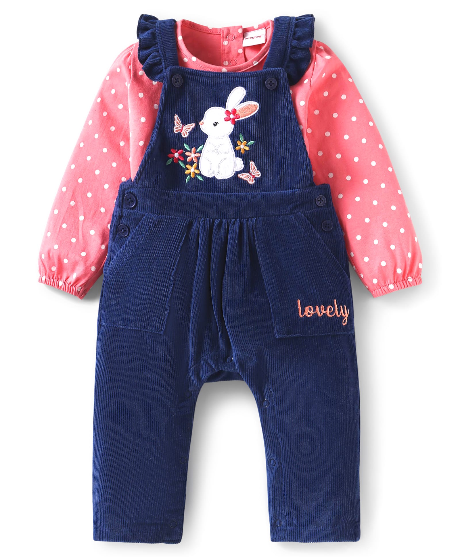 Babyhug Single Jersey Knit Dungaree & T-Shirt With Floral & Animal Embroidery - Pink & Navy