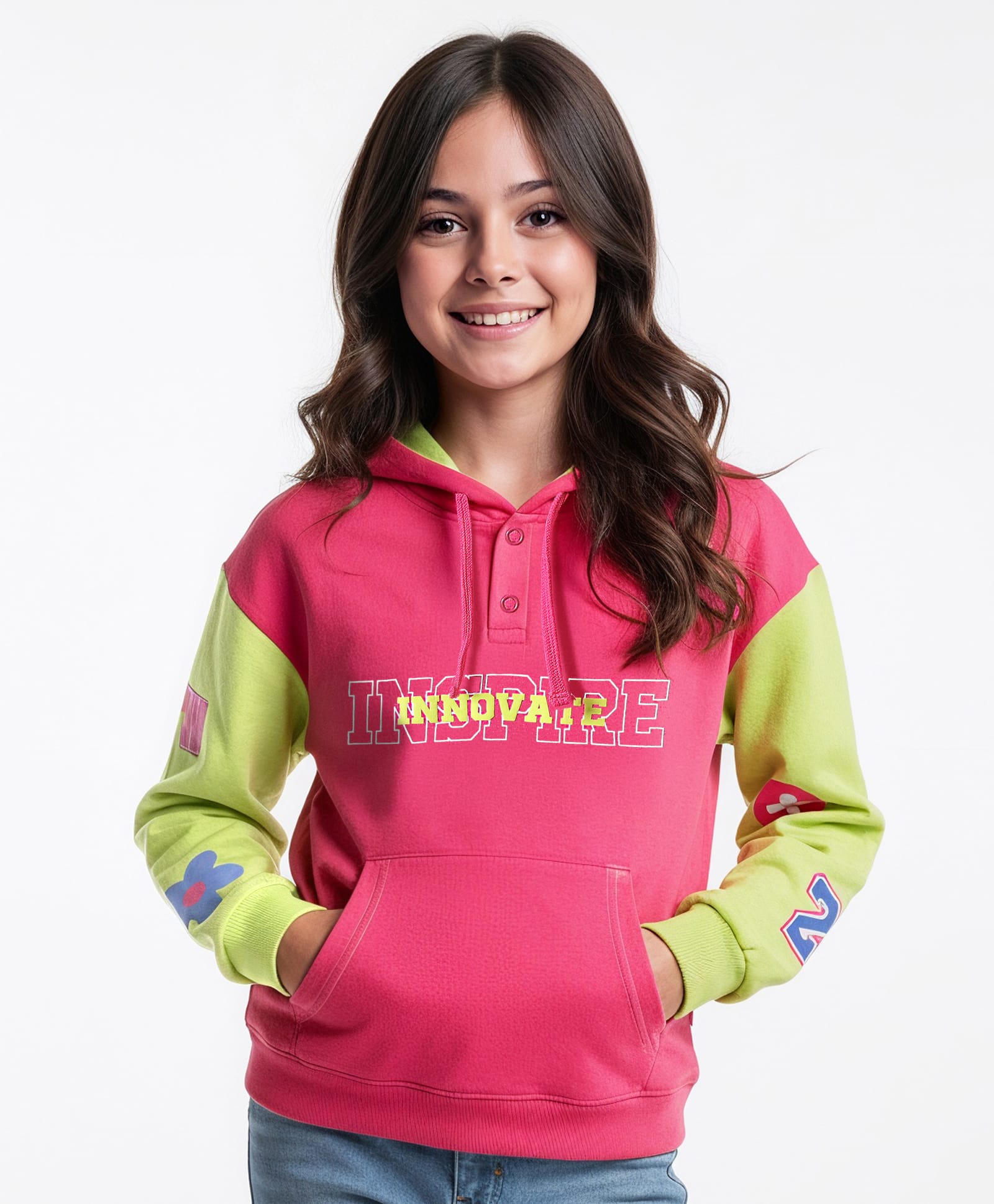 arias by lara dutta Arias Terry Cotton Knit Full Drop Shoulder Sleeves Hooded Sweatshirt with Text Print & Kangaroo Pockets - Dark Pink-picture-26