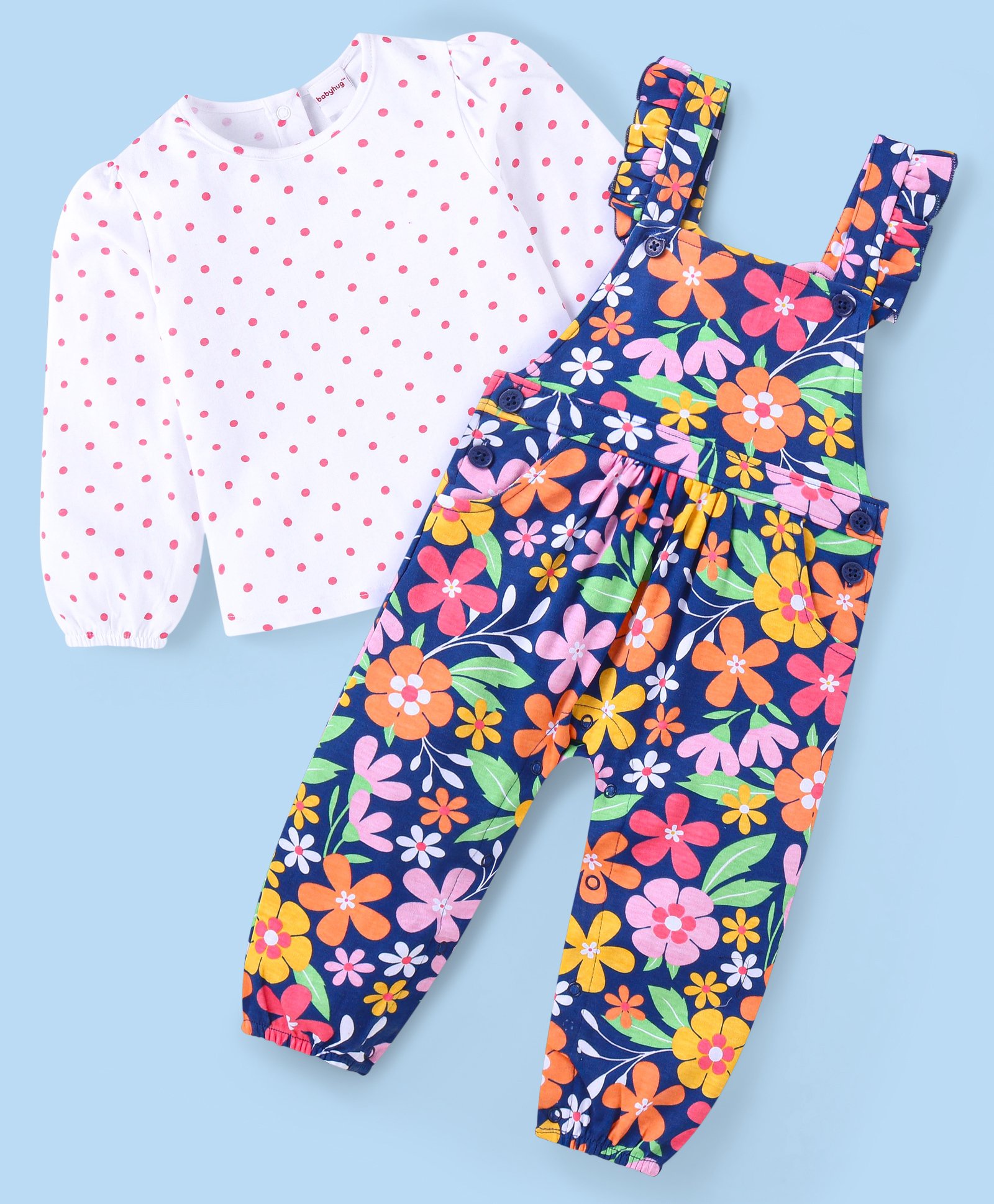Babyhug Single Jersey Knit Full Sleeves Polka Dots & Floral Printed T-Shirt & Dungaree Set - Navy Blue-picture-16