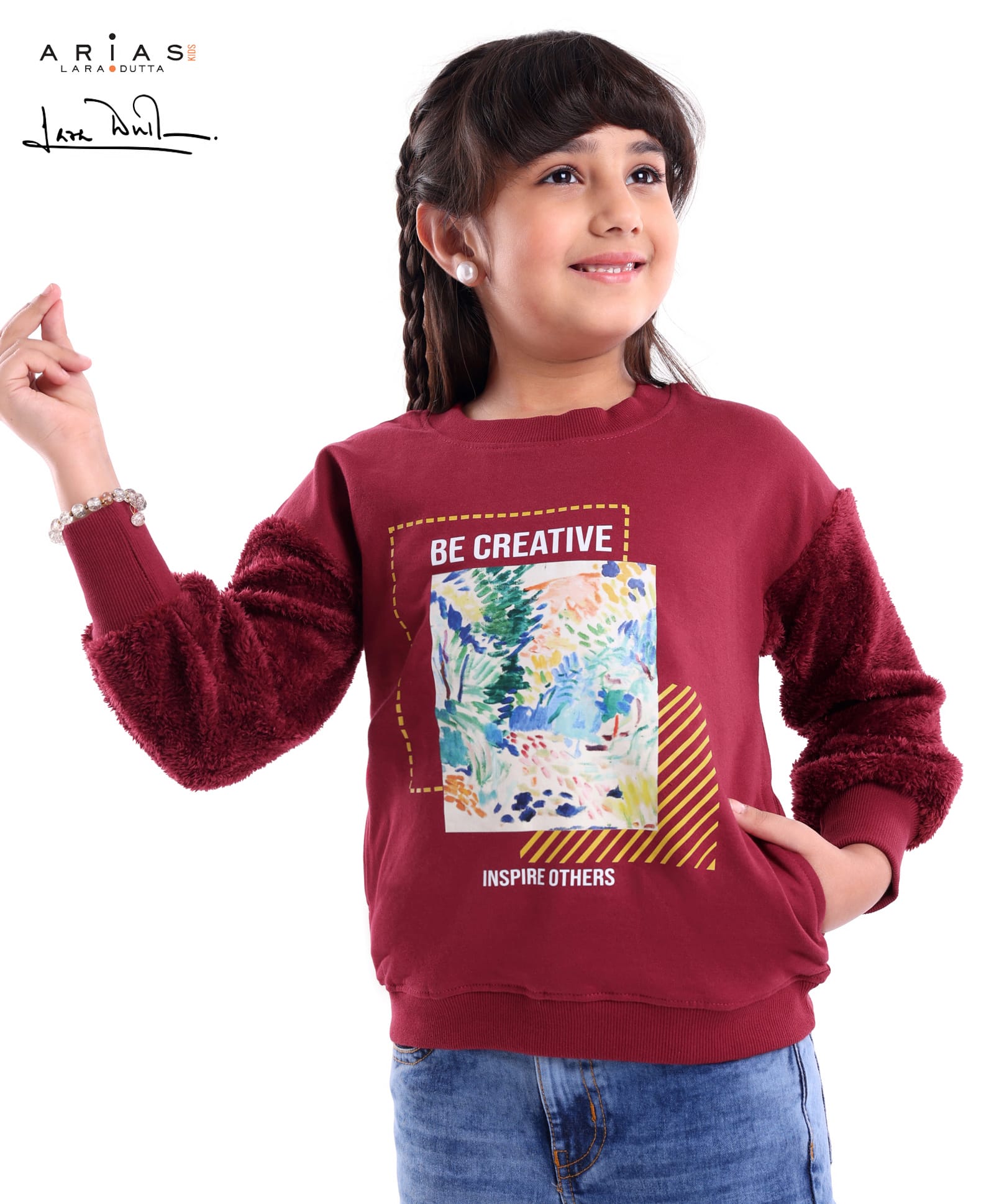 arias by lara dutta Arias Looper Knit Full Sleeves Sweatshirt With Fur Detailing & Foil Print - Maroon-picture-27