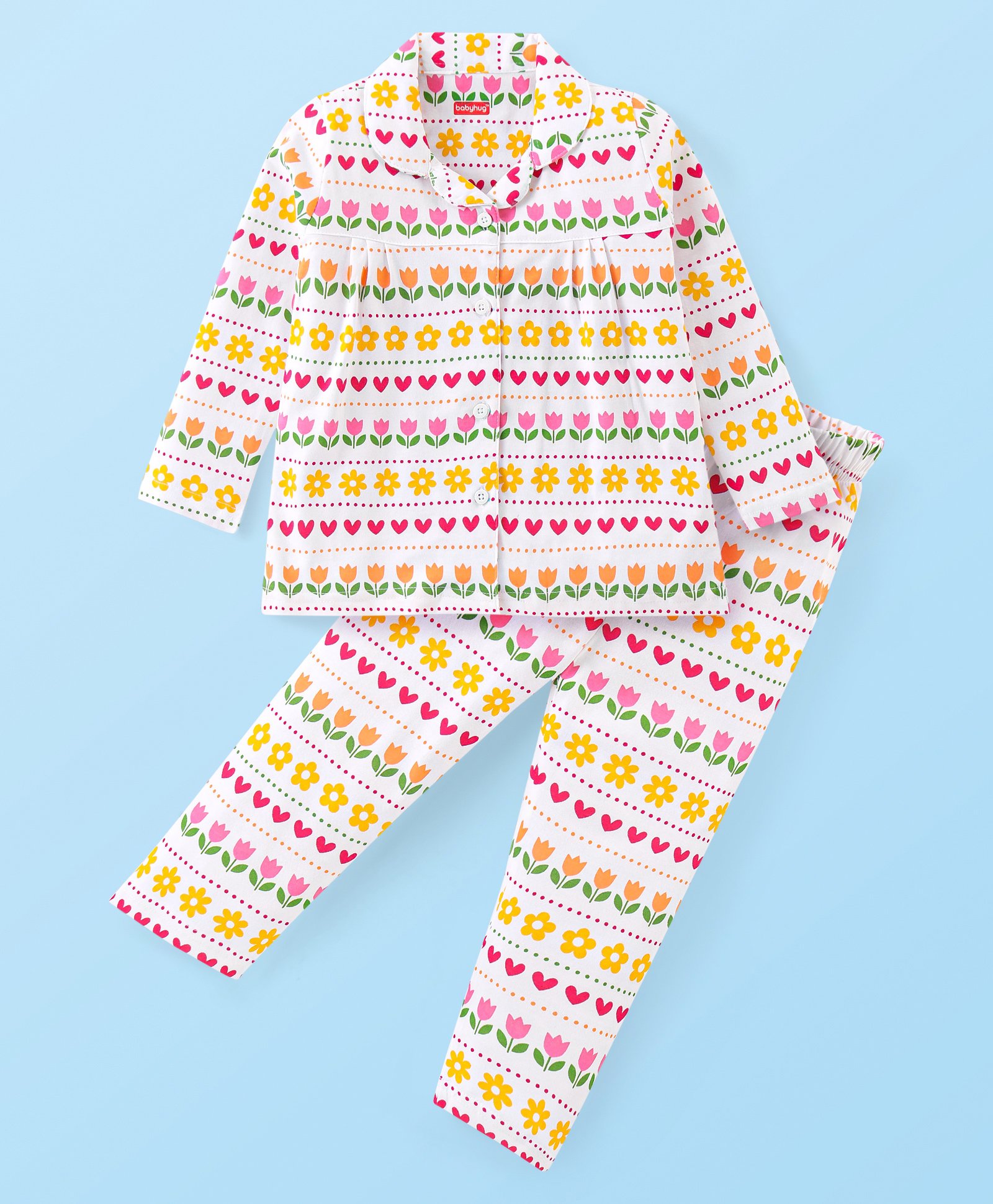 Babyhug Cotton Knit Full Sleeves Front Open Floral Printed Night Suit - White-image-29